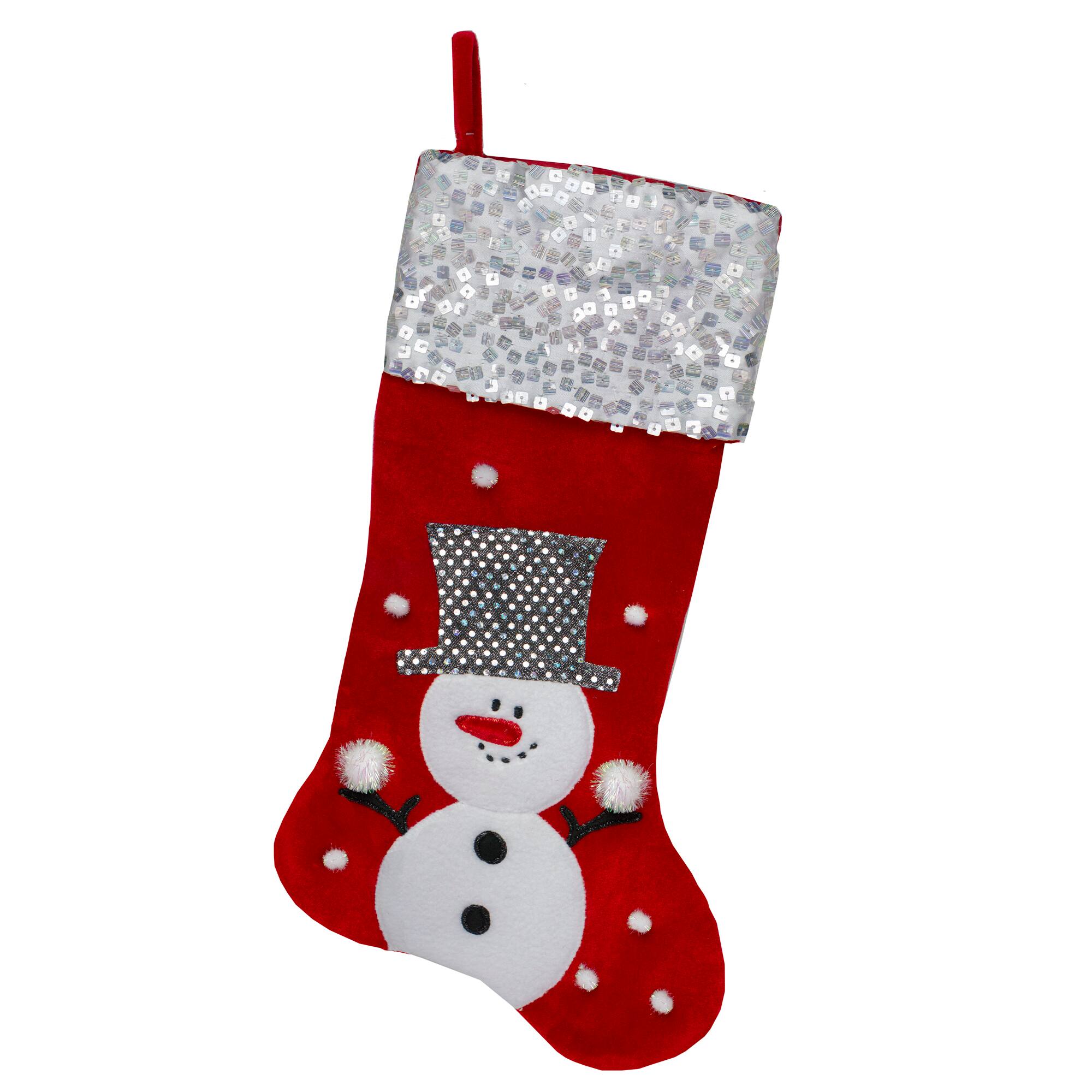 20.5&#x22; Red Snowman Christmas Stocking with Sequined Cuff