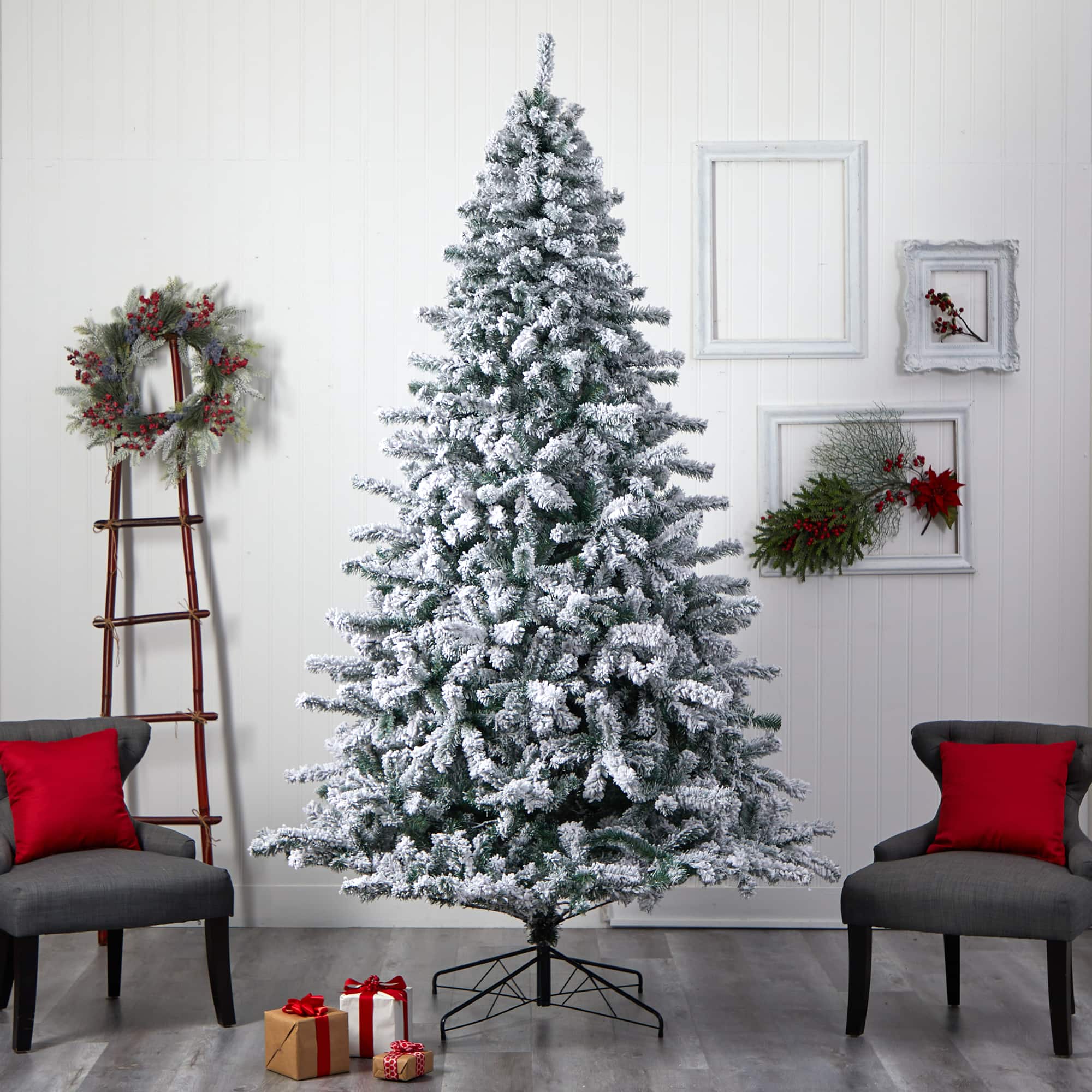 9ft. Pre-Lit Flocked Rock Springs Spruce Artificial Christmas Tree, Clear LED Lights