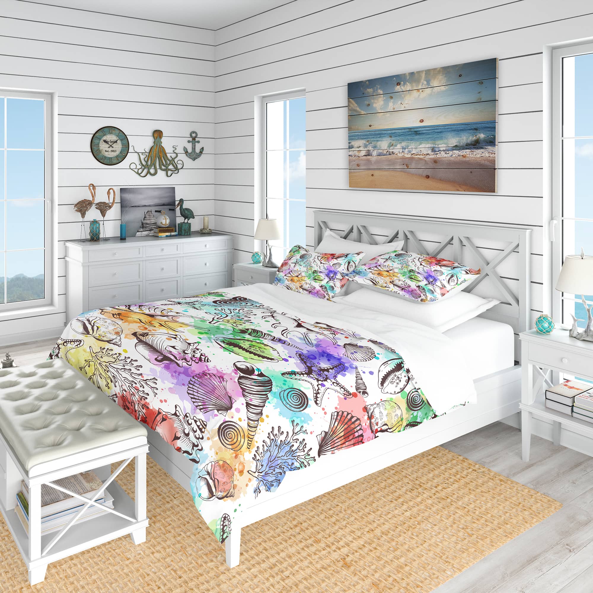 Designart &#x27;Modern Seashells Pattern&#x27; Nautical &#x26; Coastal Bedding Set - Duvet Cover &#x26; Shams