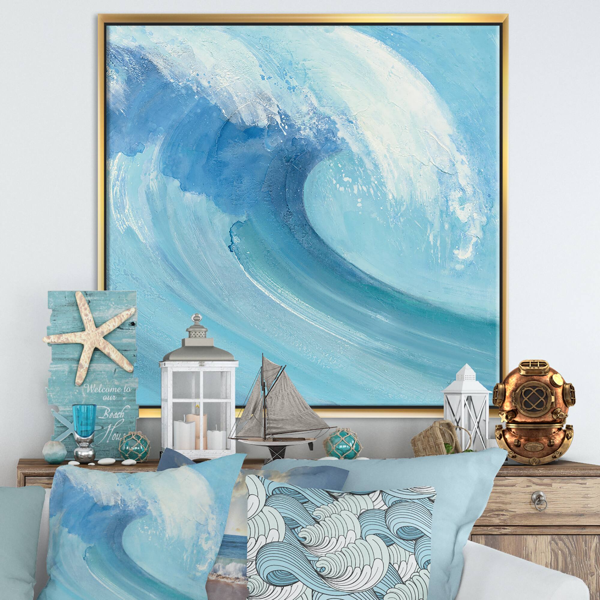 Designart - Ocean Wave Handpainted with White Foam - Nautical &#x26; Coastal Framed Canvas