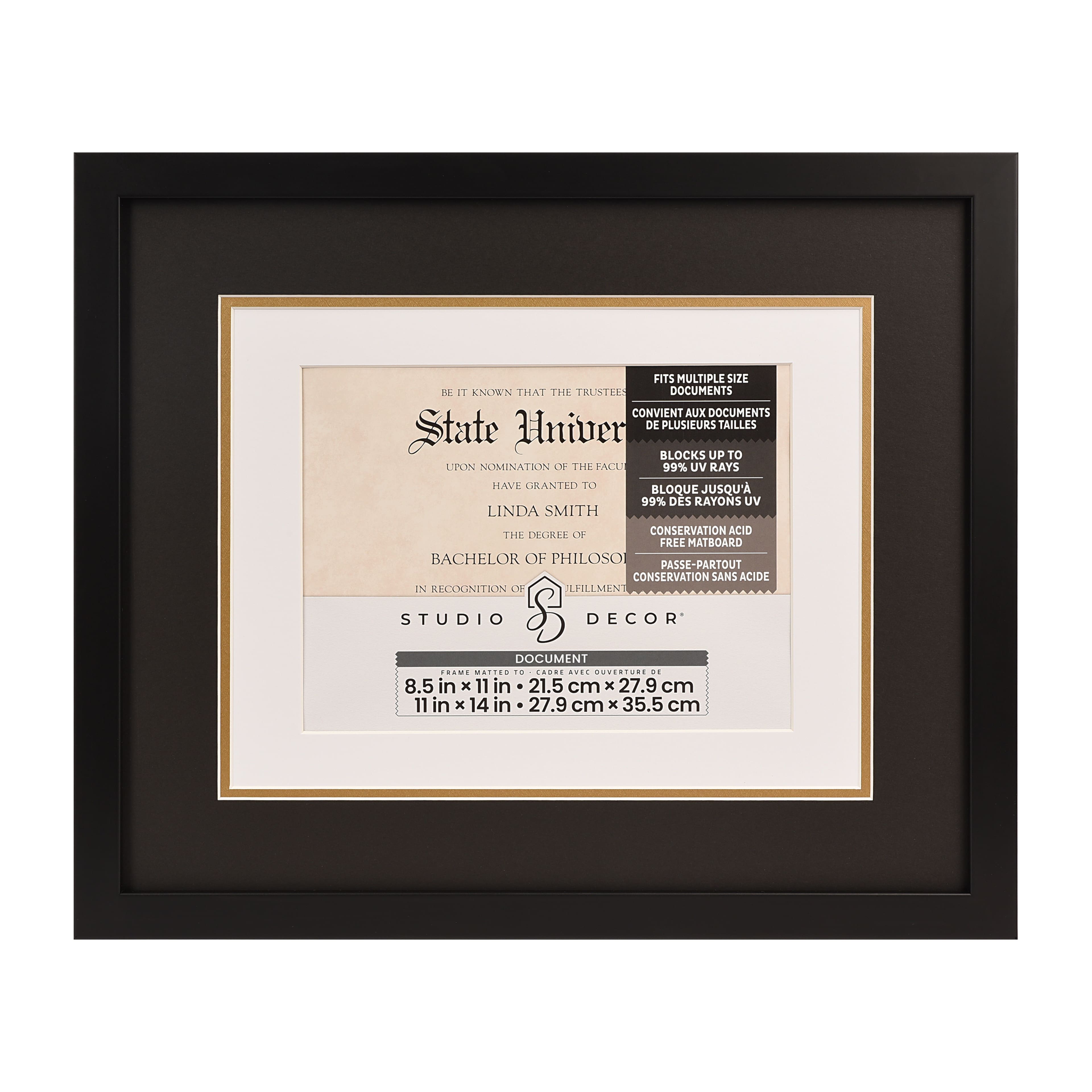 8.5" x 11" Black Document Frame with Triple Mat by Studio Décor