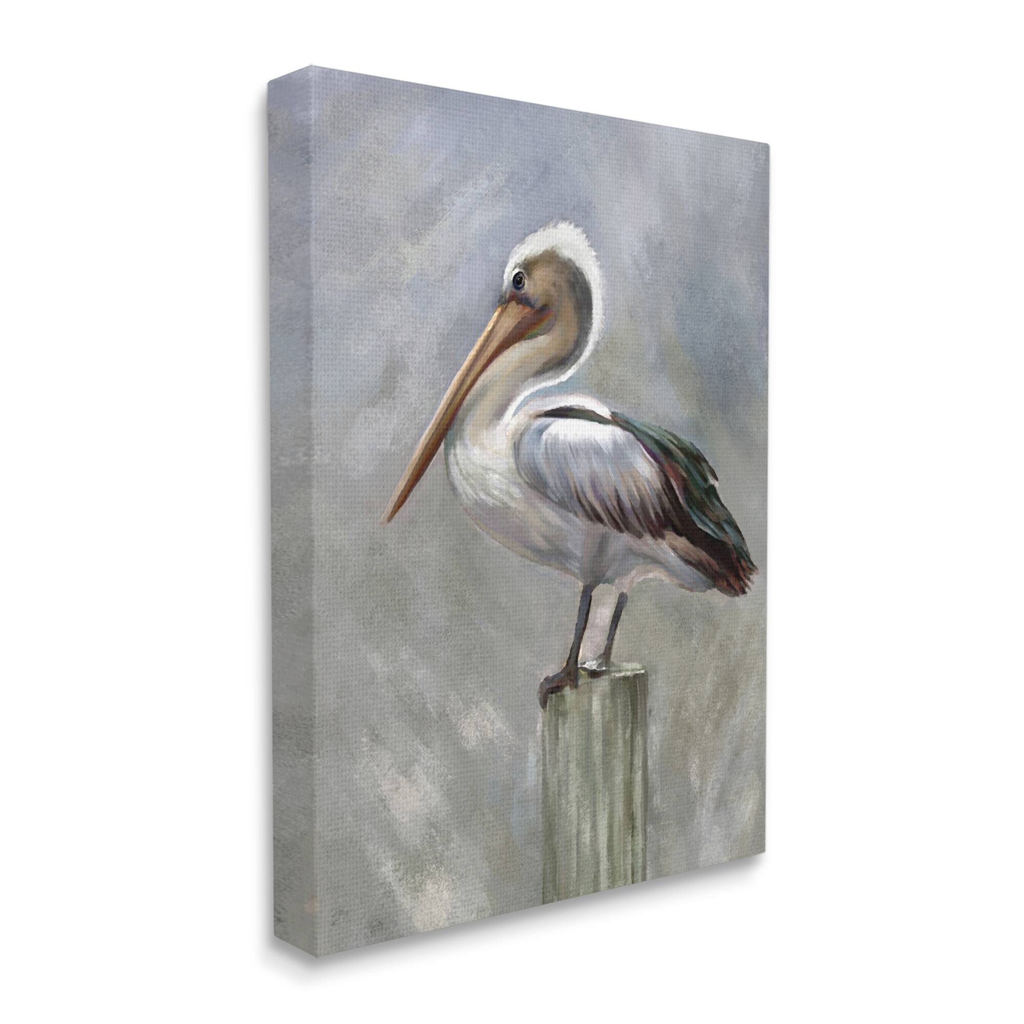 Stupell Industries Pelican Resting on Wooden Pillar Soft Grey Canvas Wall Art