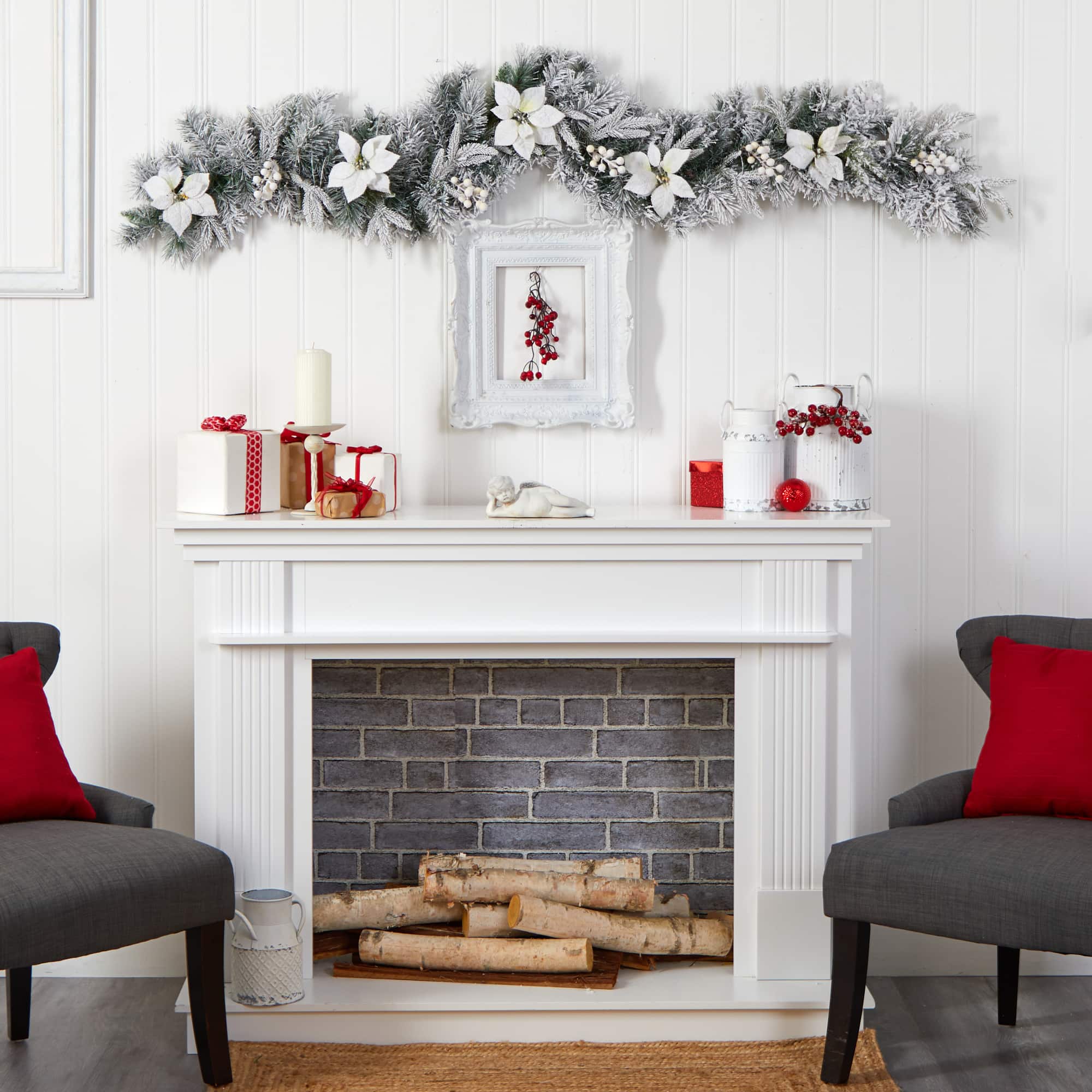 6ft. Pre-Lit LED Flocked Poinsettia & Berry Christmas Garland