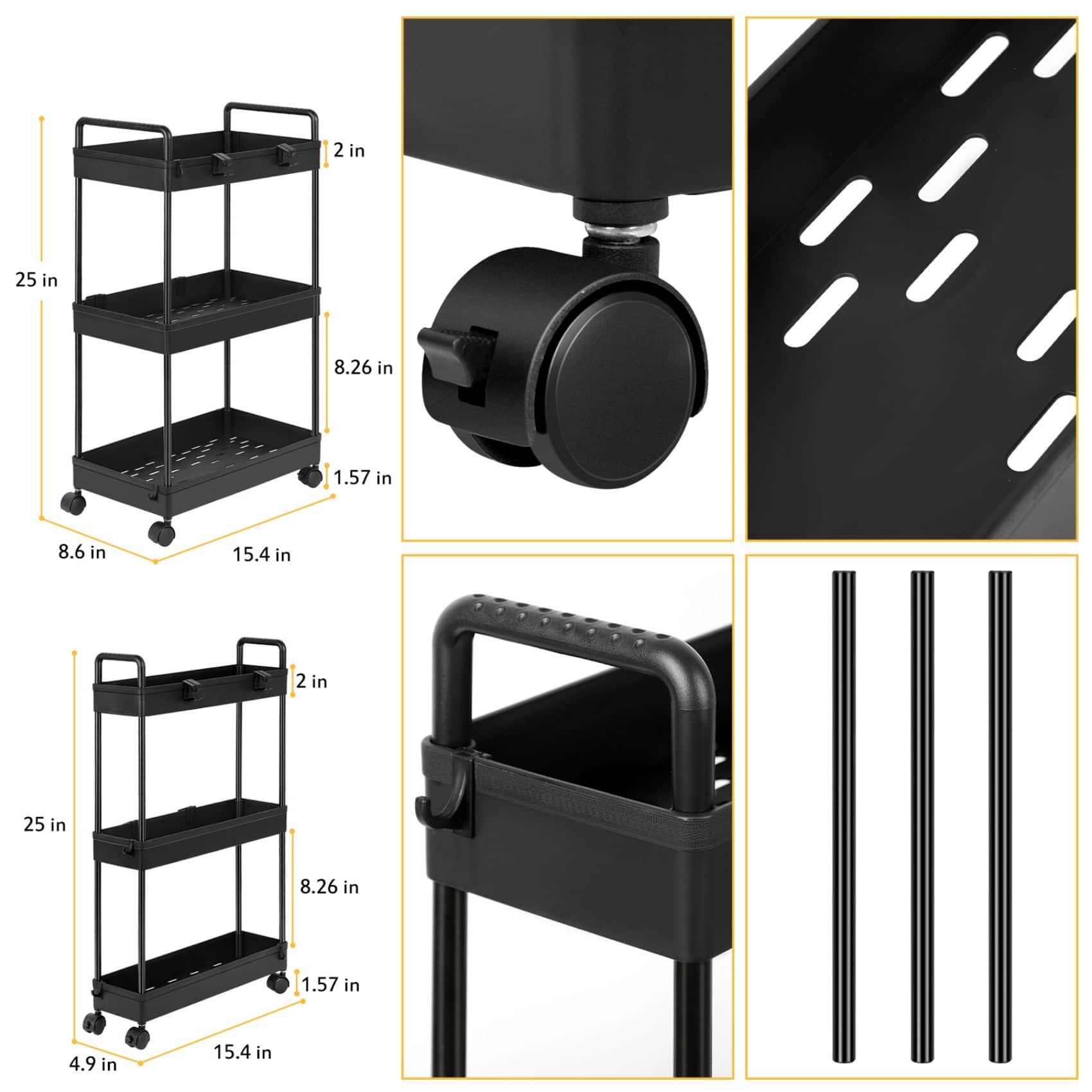 Black 3-Tier Slim Storage Kitchen Cart Set