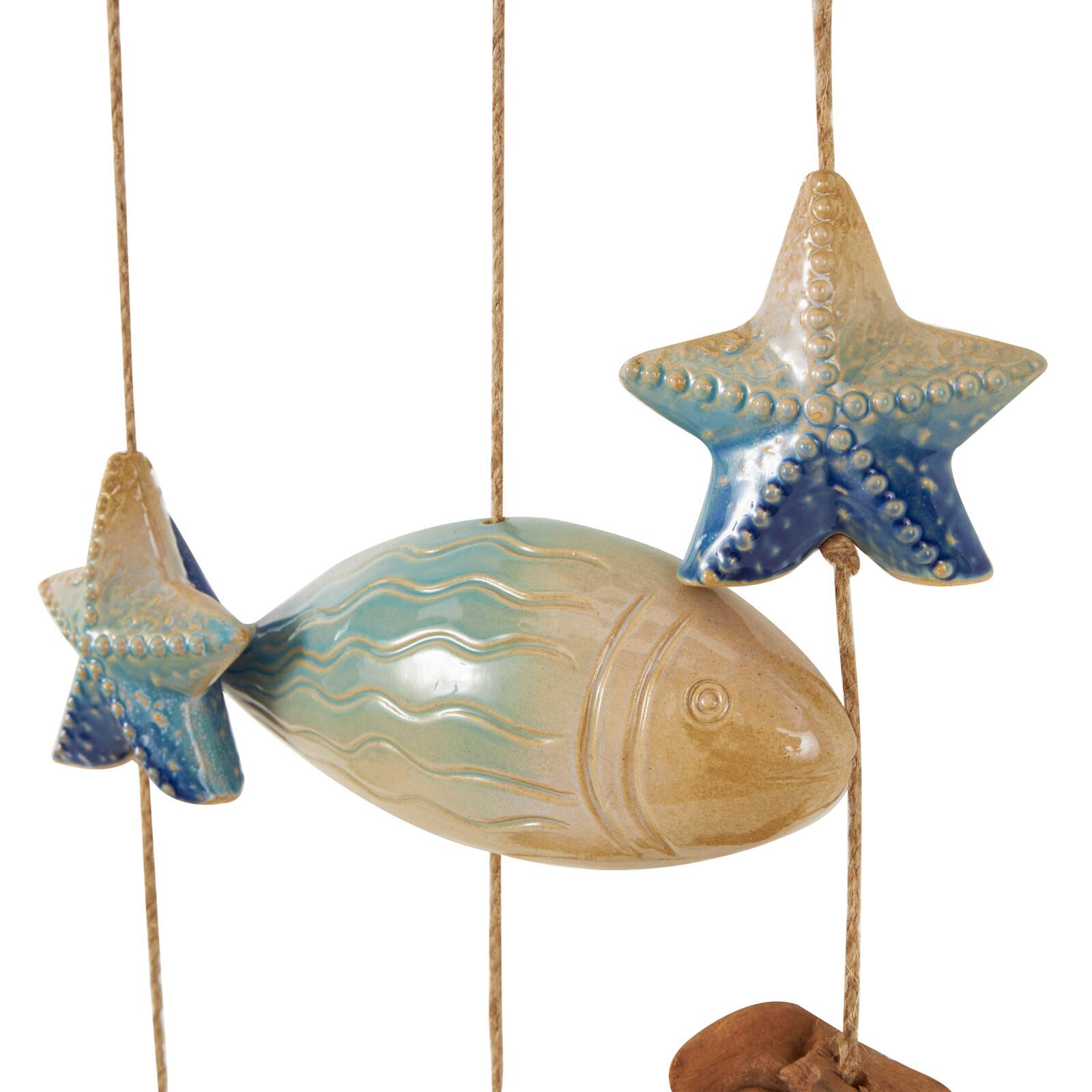 3ft. Brown Ceramic Fish Windchime with Driftwood &#x26; Hanging Starfish Accents