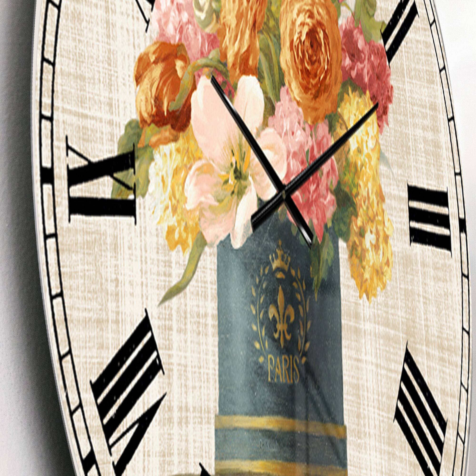 Designart 'Tulips In Teal And Gold Hatbox On Linen Cabin Wall Clock