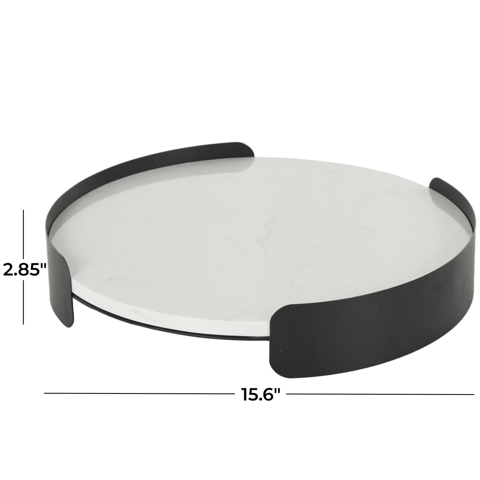 15.75" White Marble Round Living Room Décor Tray with Black Metal Frame