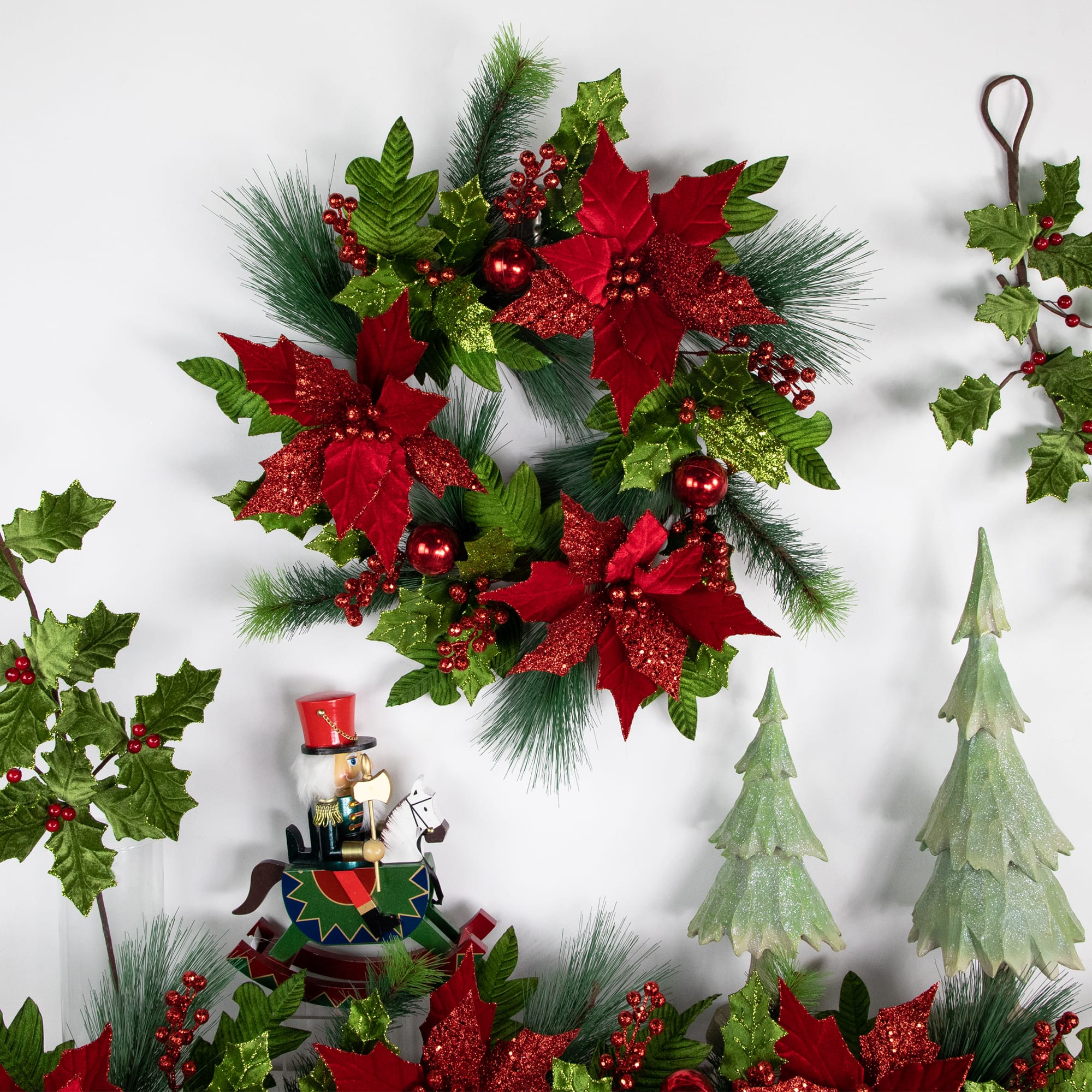 24&#x22; Red Glittered Poinsettia &#x26; Long Pine Christmas Wreath