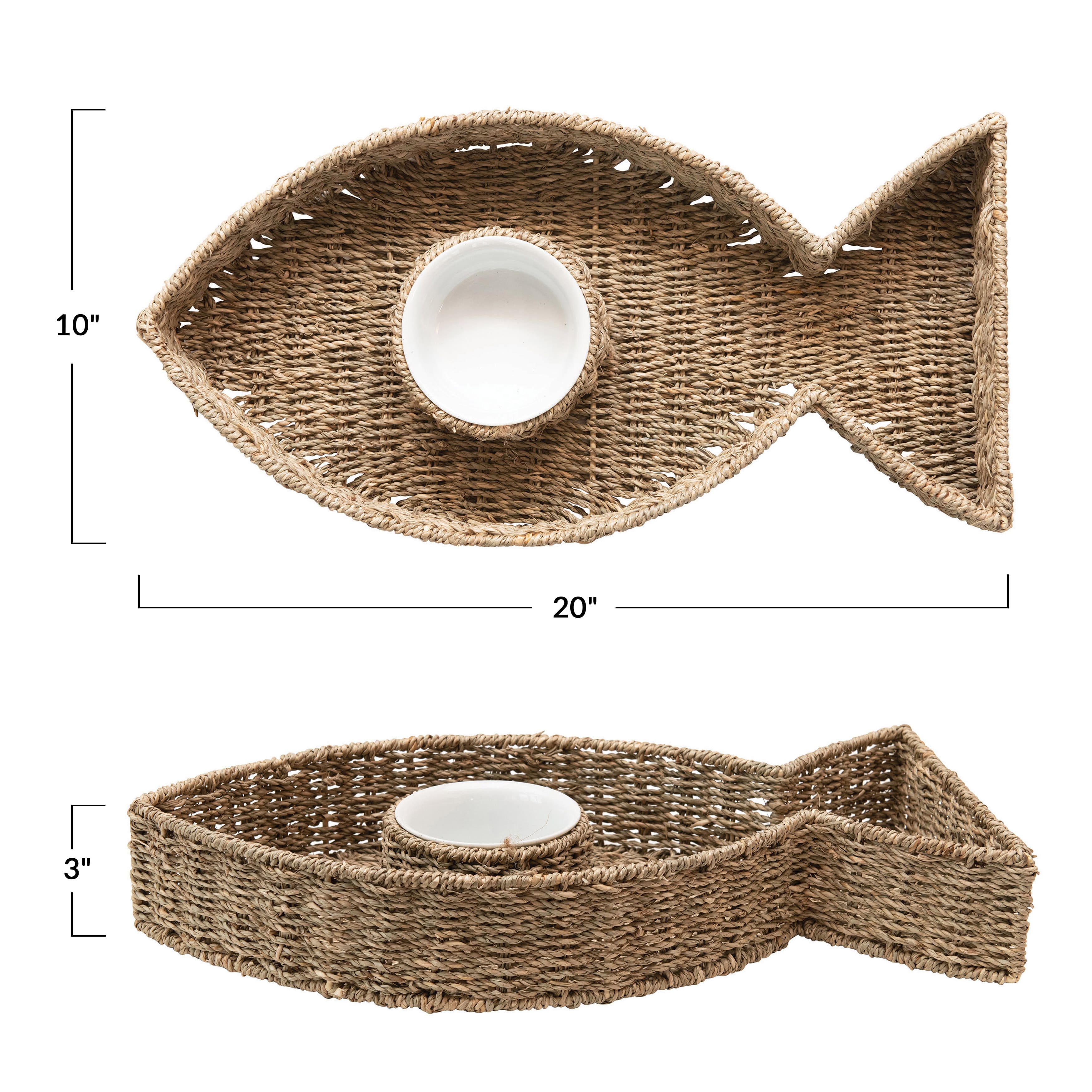 Hello Honey&#xAE; Hand-Woven Seagrass Fish Shaped Chip &#x26; Dip with Ceramic Bowl Set