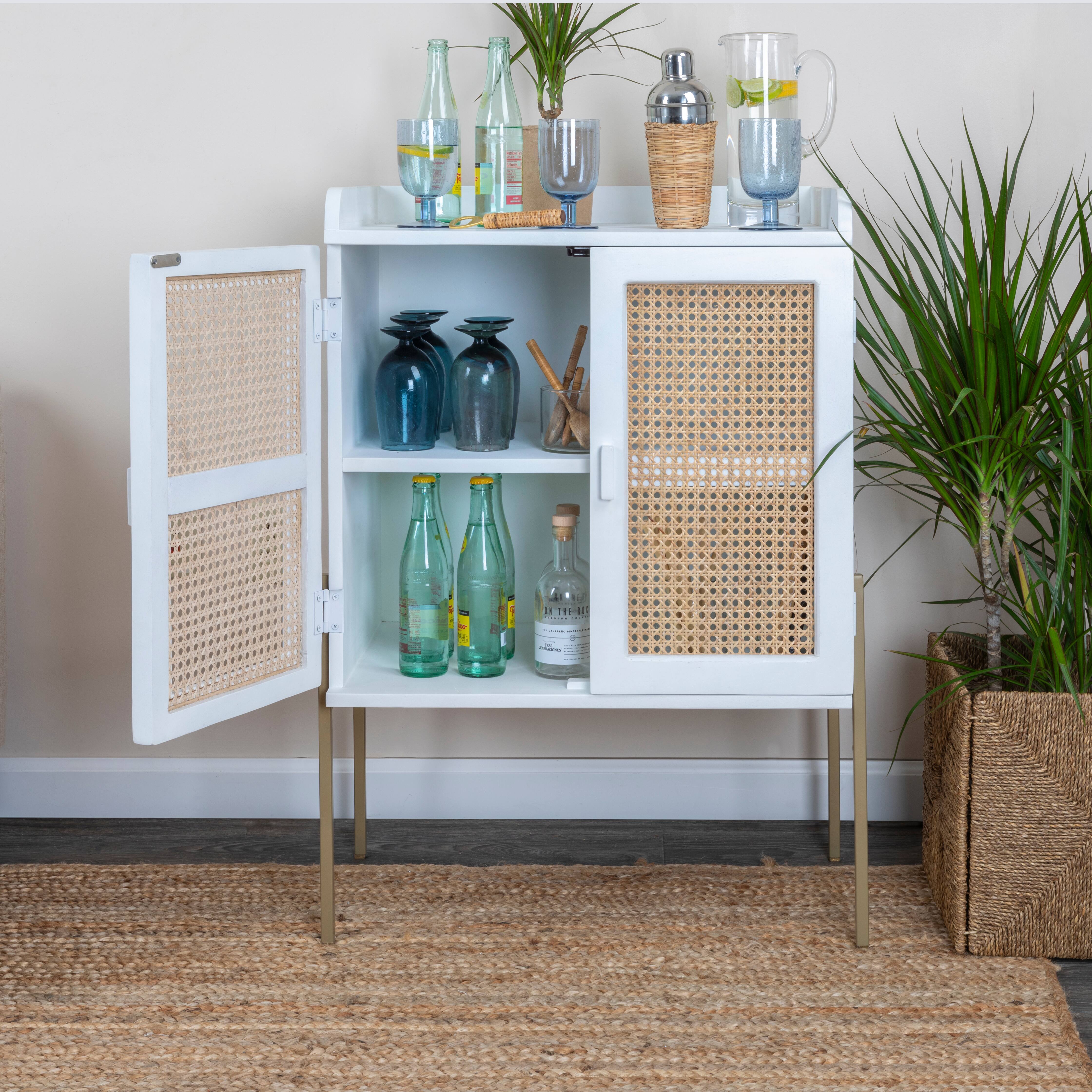 Hello Honey&#xAE; 36&#x22; Boho Solid Wood Bar Cabinet with Metal Legs and Woven Cane Doors