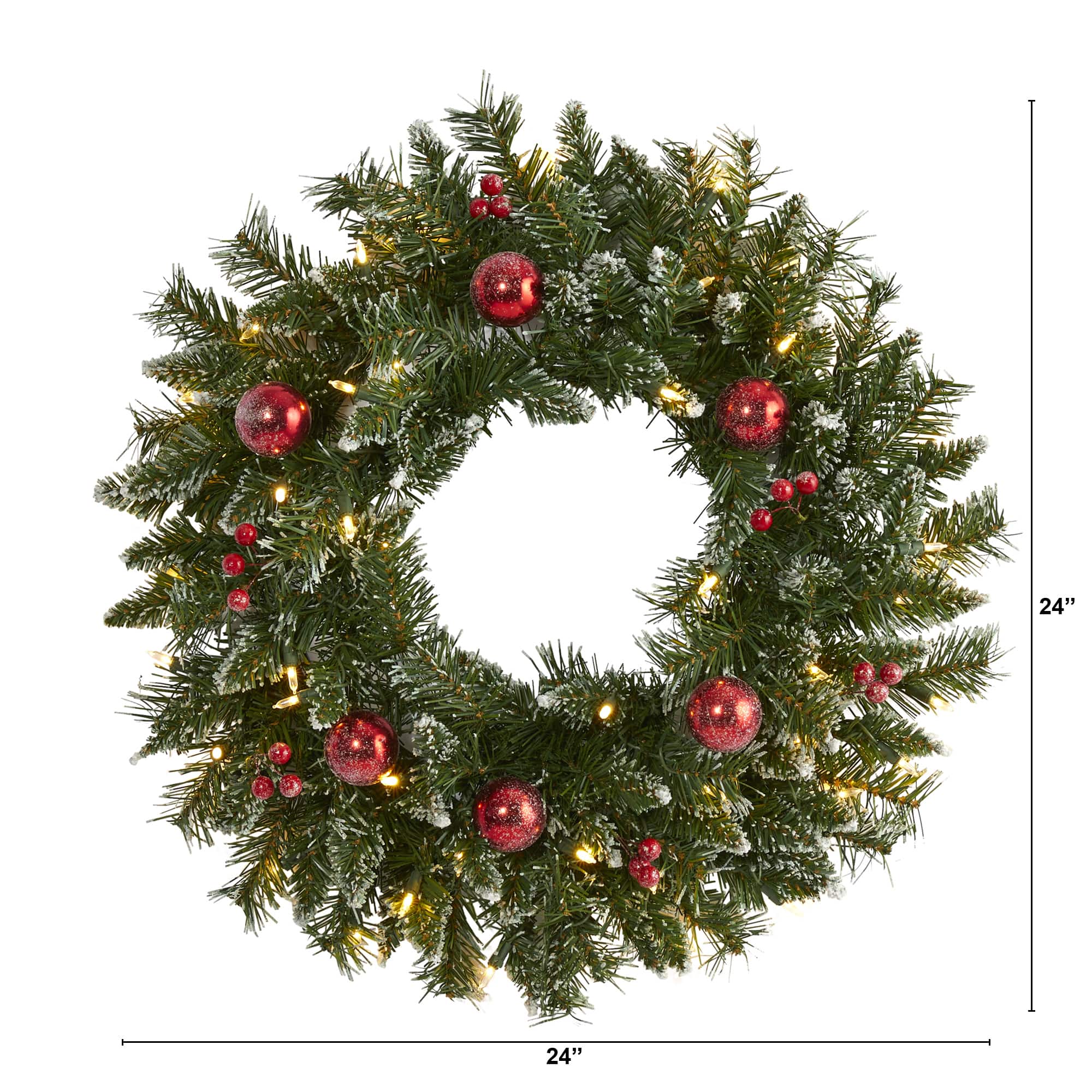 24&#x22; White LED Frosted Christmas Wreath with Ornaments &#x26; Berries