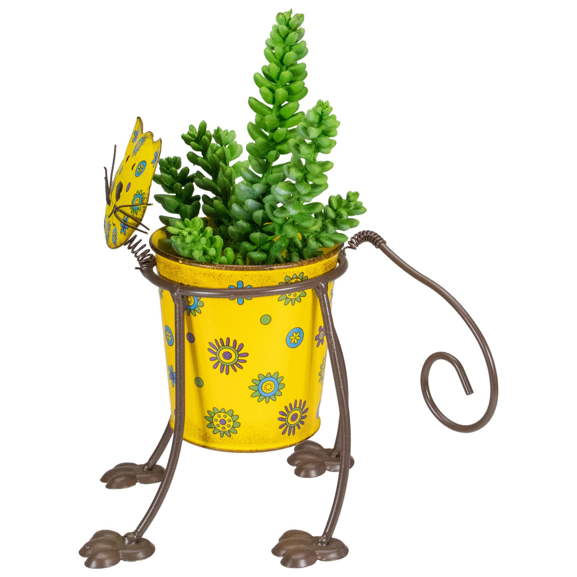 9&#x22; Yellow Floral Metal Cat Garden Planter