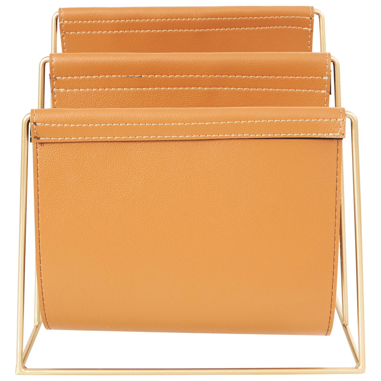 13" Orange Leather 3 Slot Magazine Holder with Gold Metal Frame