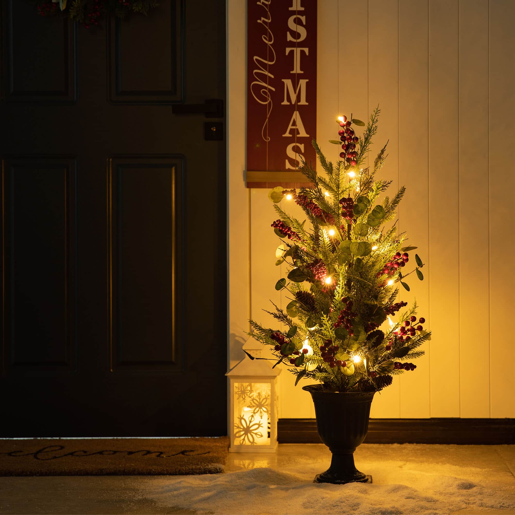 3ft. Pre-Lit Pine Needle & Eucalyptus Leaf Artificial Urn Christmas Porch Tree, Warm White LED Lights