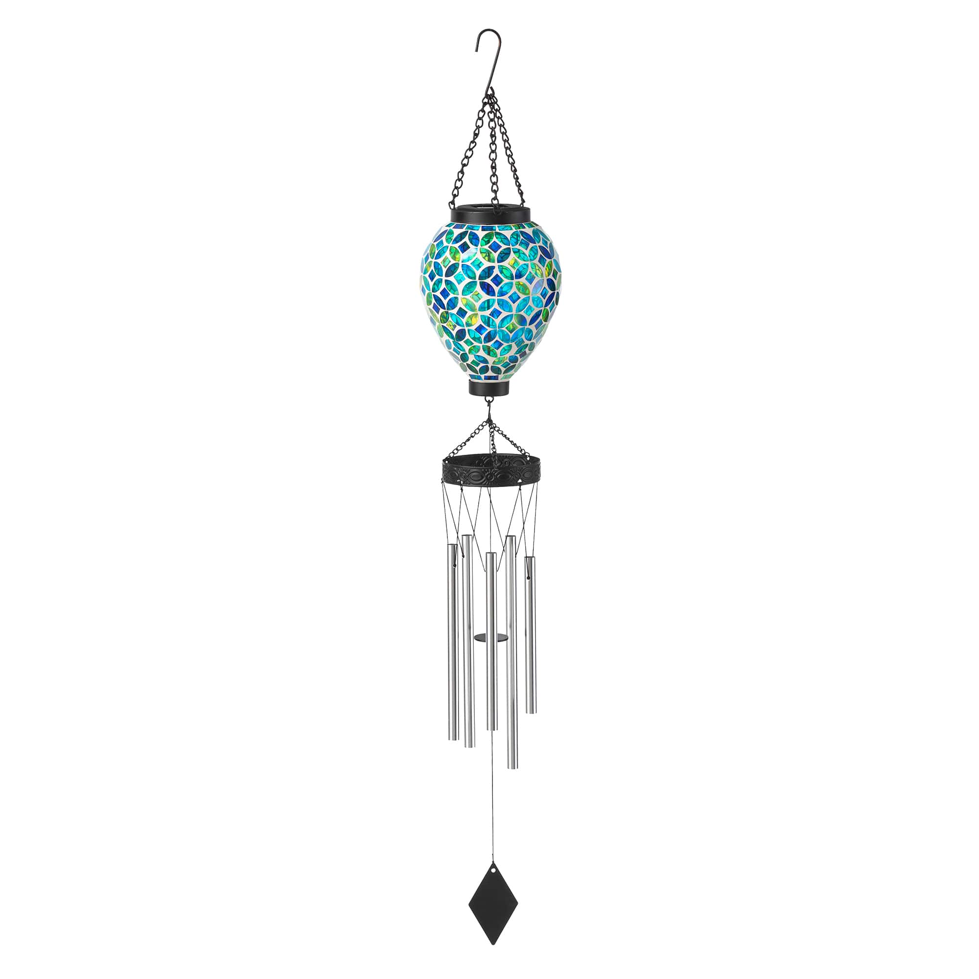 Glitzhome&#xAE; 37&#x22; Blue &#x26; Green Solar Lighted Metal &#x26; Glass Mosaic Windchime