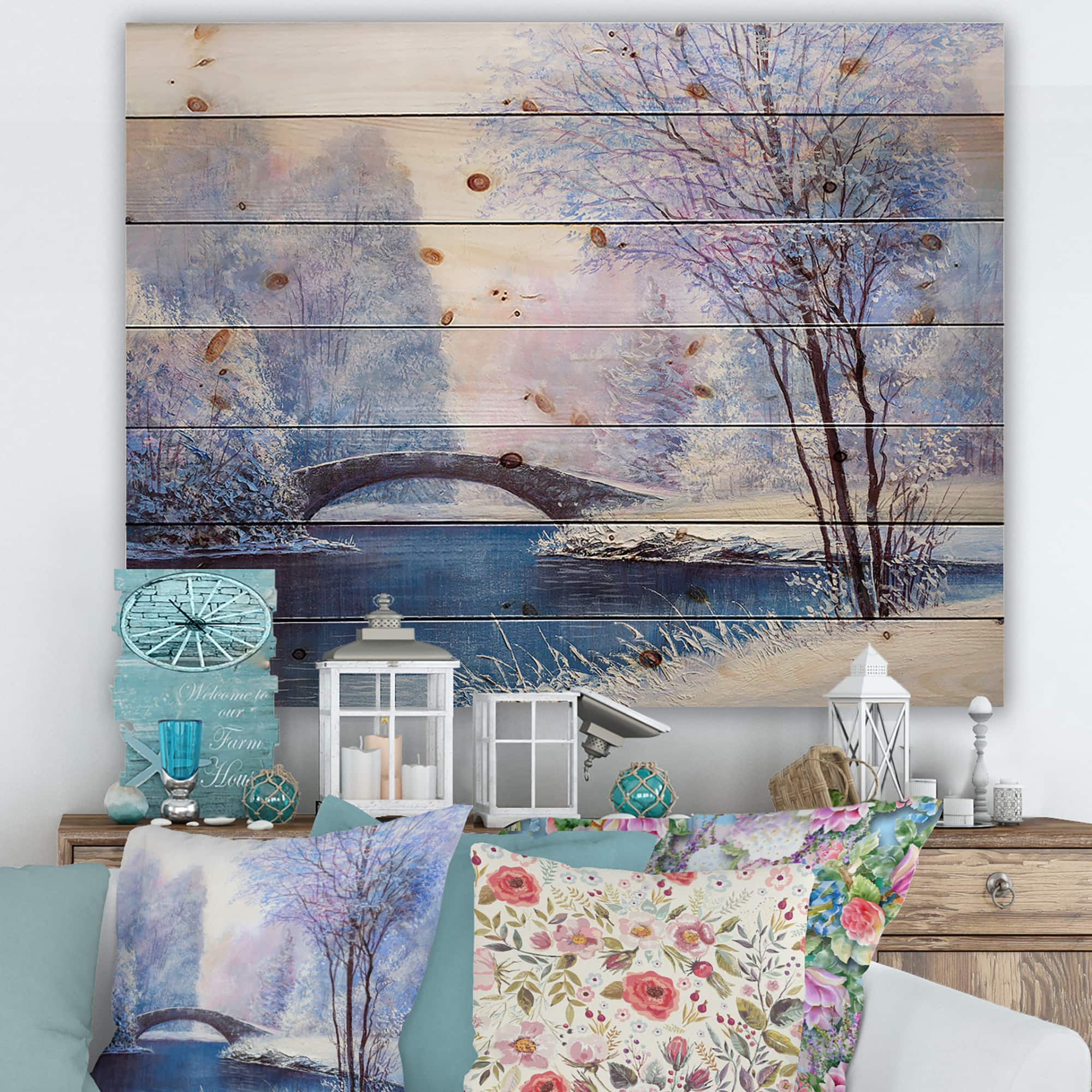 Designart - Winter Scenery With Bridge Of Meandering River III - Lake House Print on Natural Pine Wood
