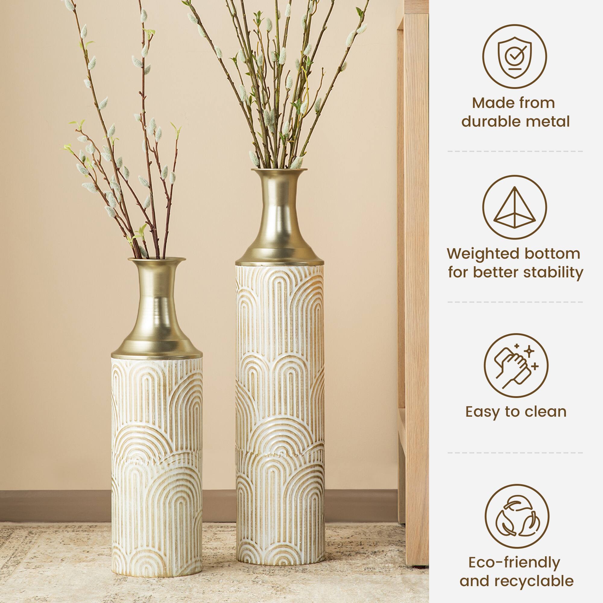 Glitzhome® Modern White & Gold Metal Floor Vases Set