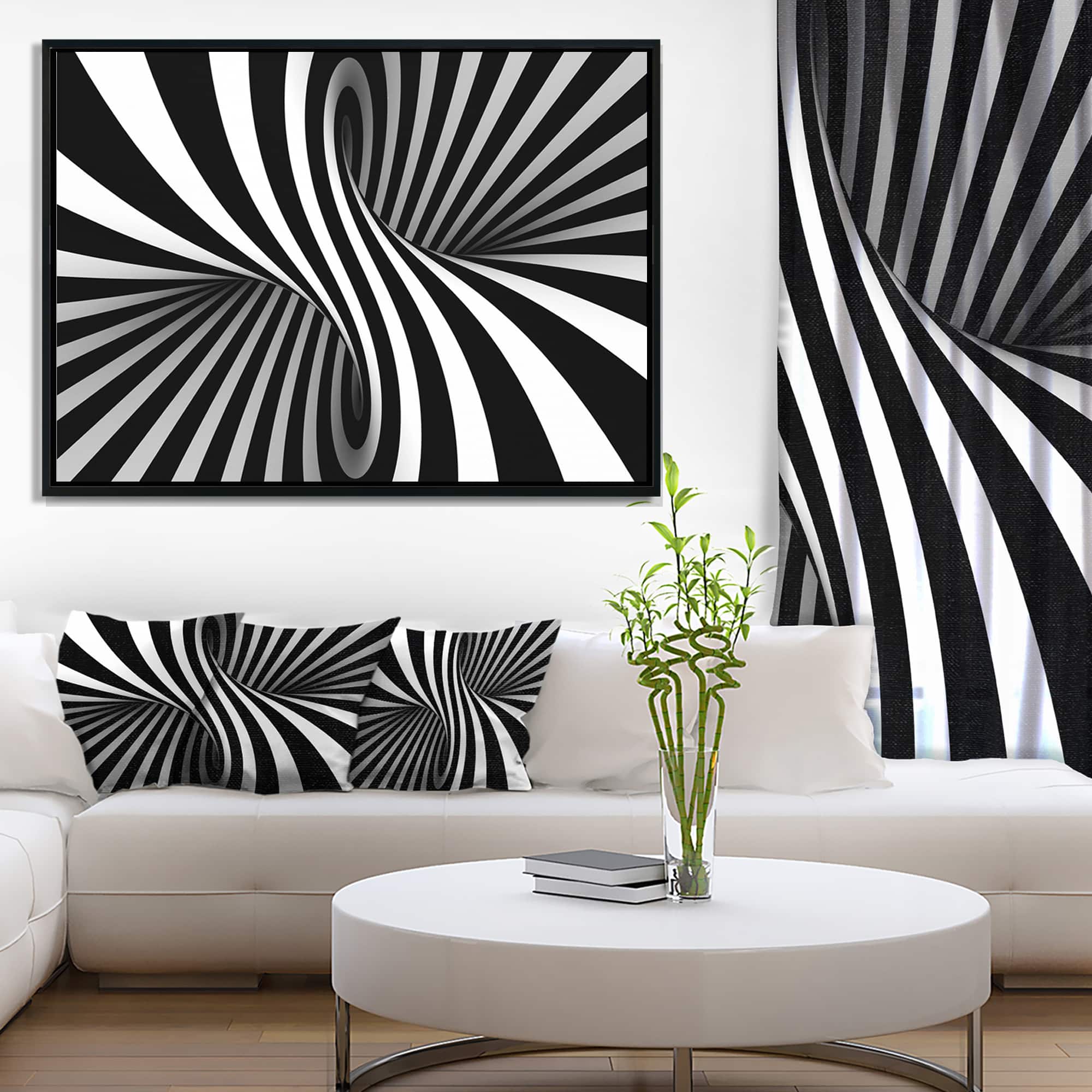 Designart - Black and White Spiral - Abstract Framed Canvas Art Print