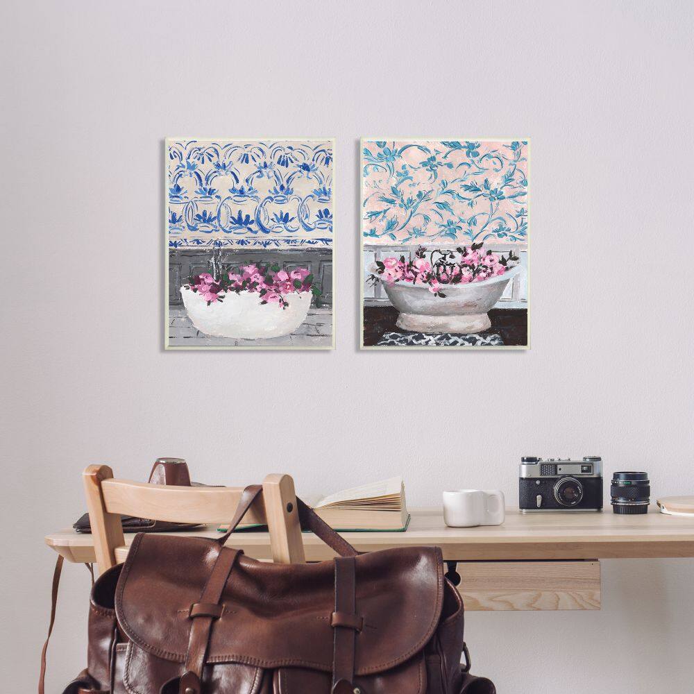 Stupell Industries Flowers In Bath Tub Pink Blue Interior Design in Black Frame Wall Art