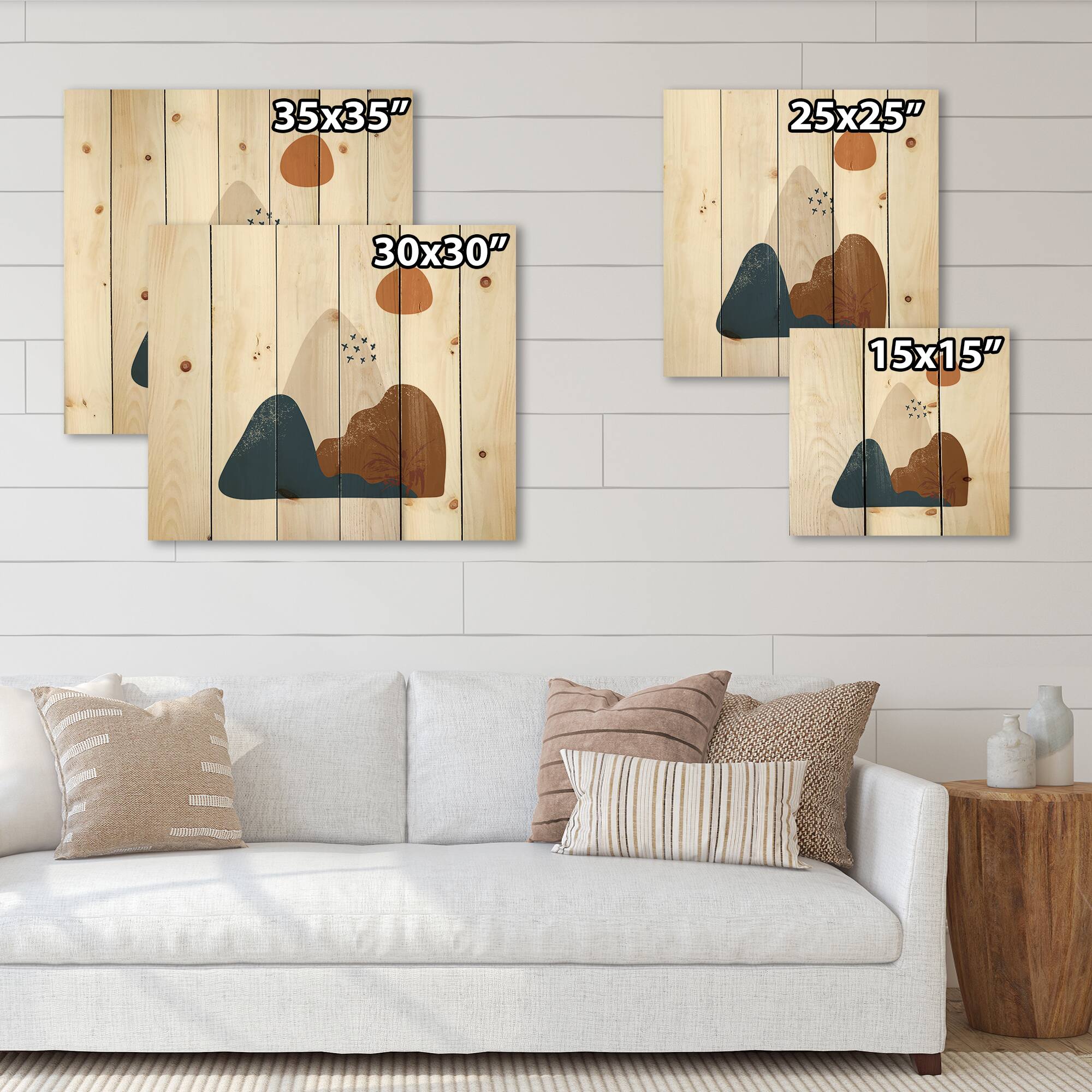 Designart - Abstract Flowers On Minimal Shapes VI - Modern Print on Natural Pine Wood