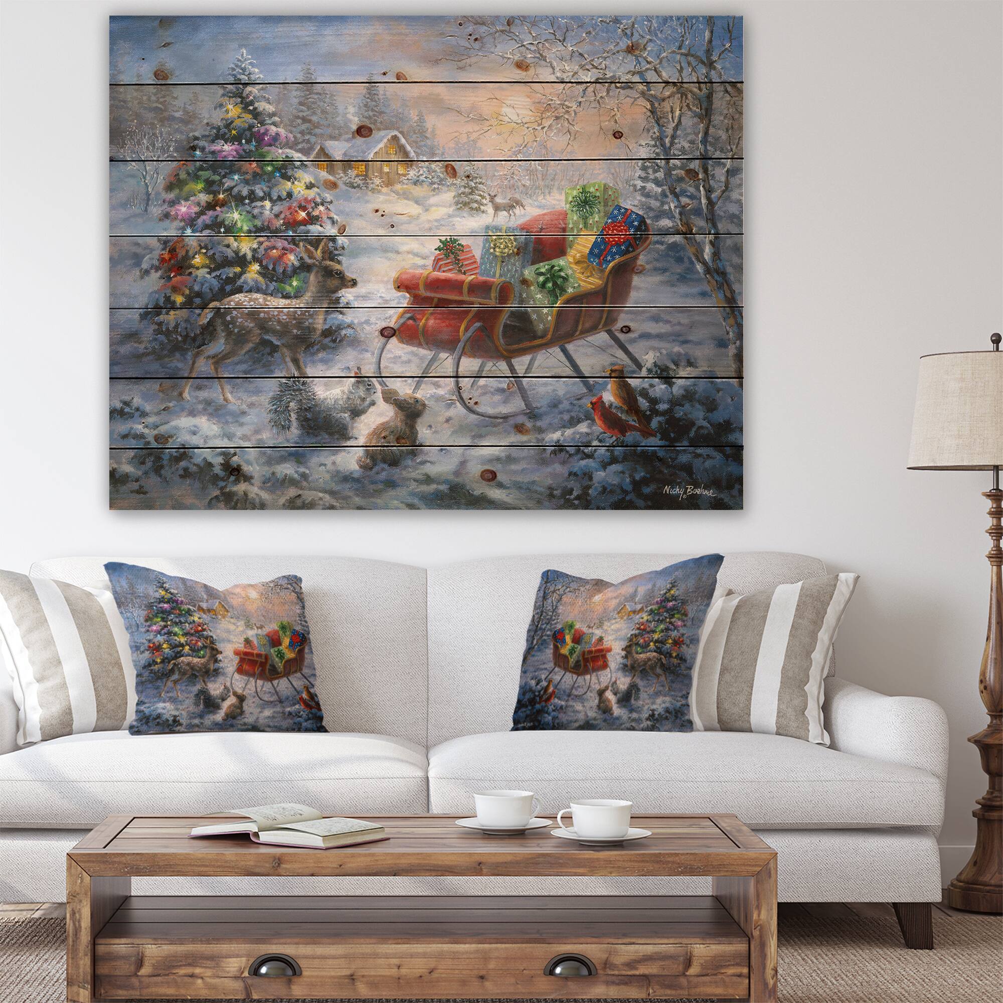 Designart Christmas Tree with Sleigh Print on Natural Pine Wood