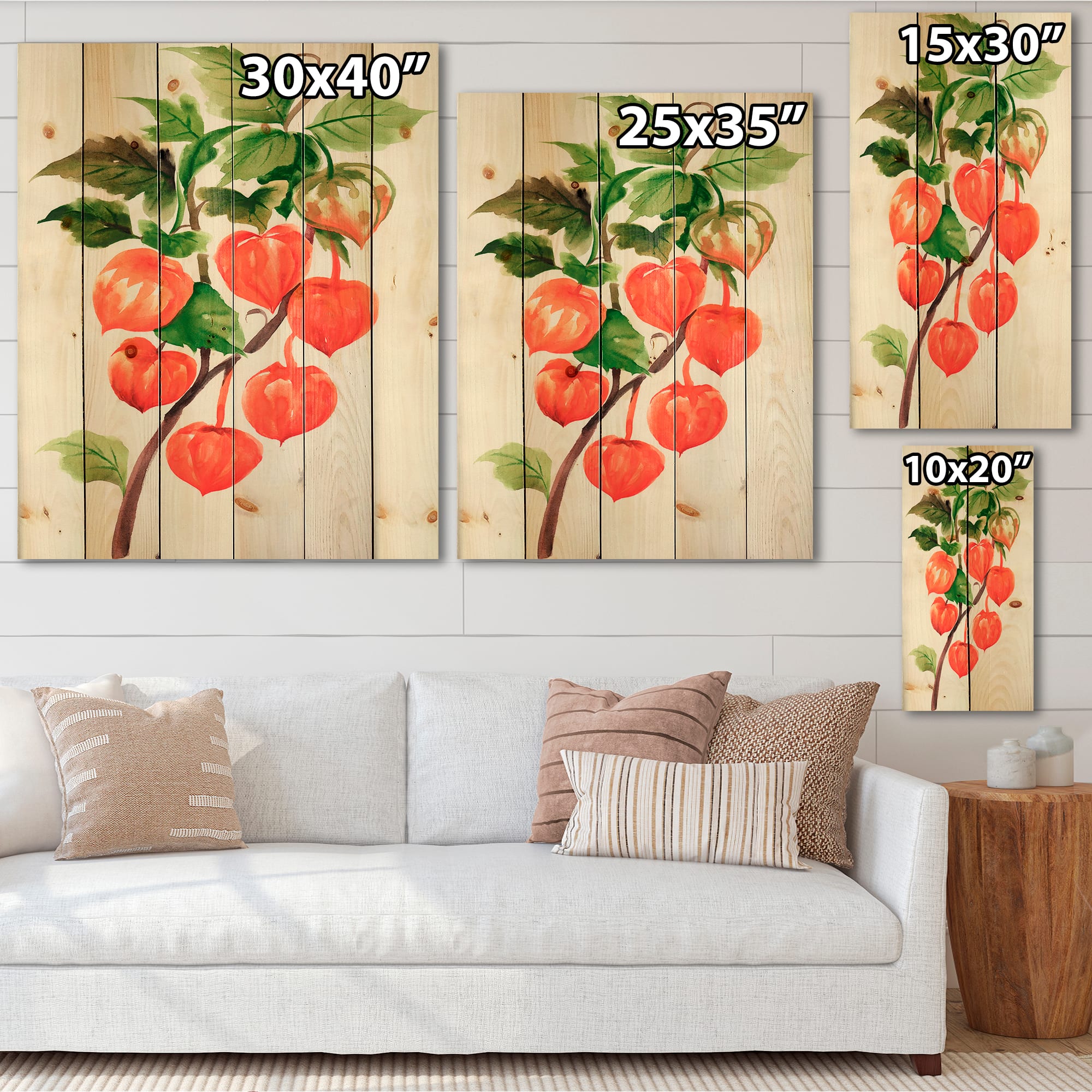 Designart - A Branch of Red Physalis - Traditional Print on Natural Pine Wood