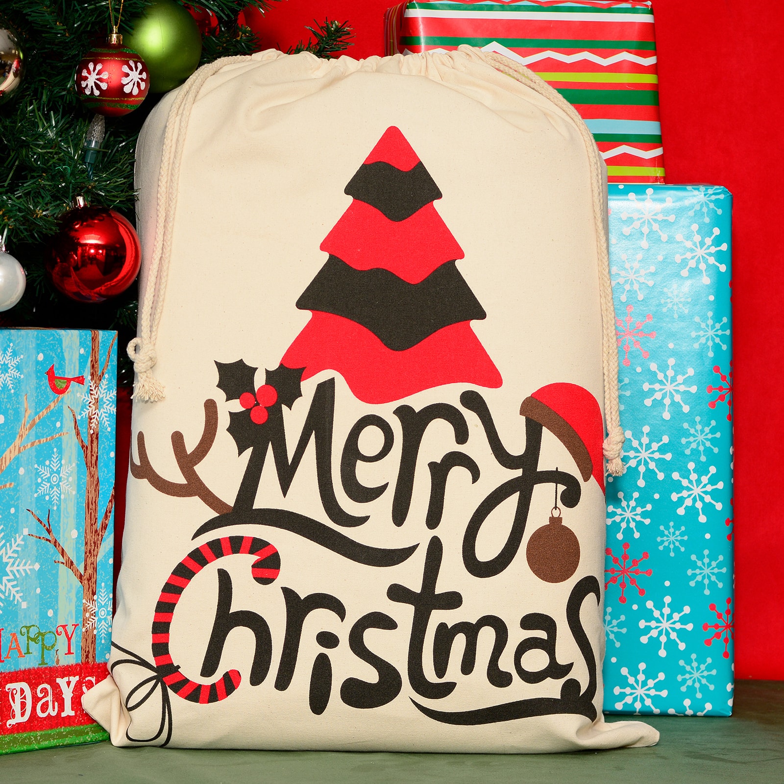 Personality Case&#x2122; 19&#x22; x 26&#x22; Merry Tree Christmas Cotton Drawstring Bag