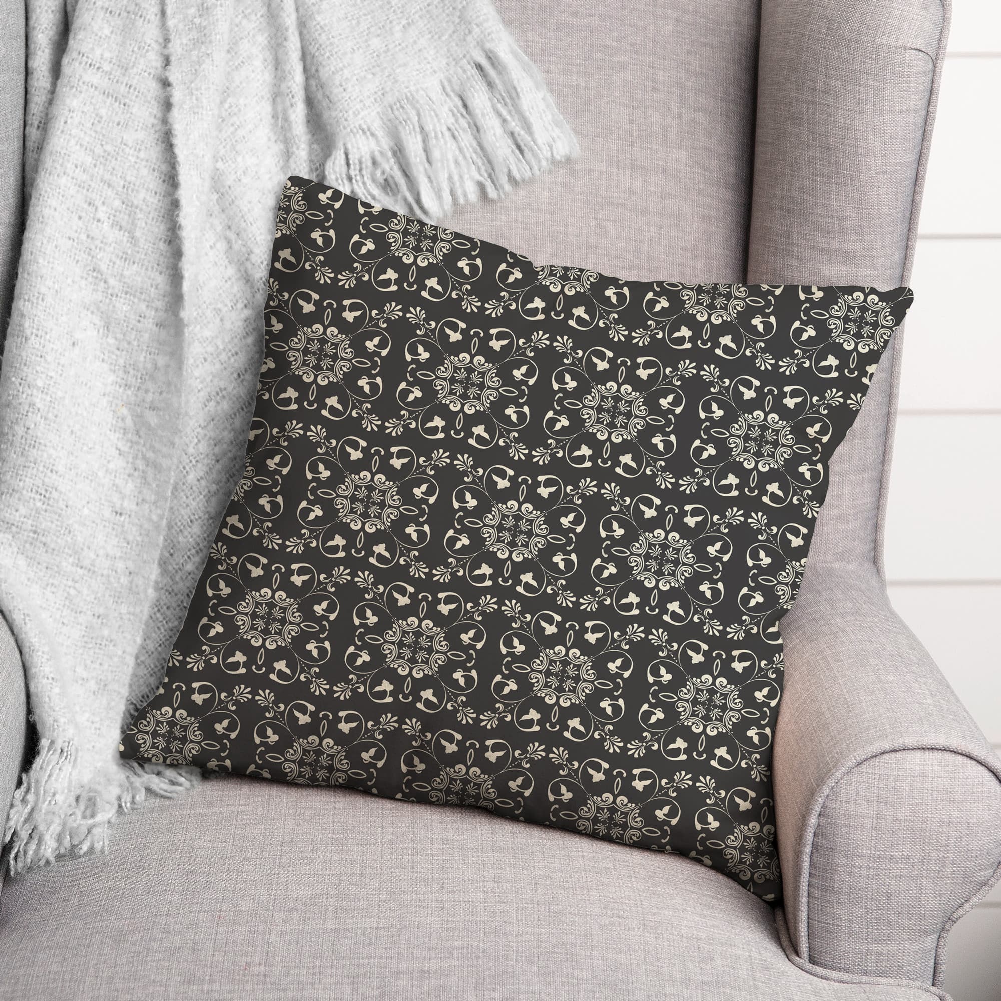 Charcoal Medallion Pattern Throw Pillow 18&#x22; x 18&#x22;