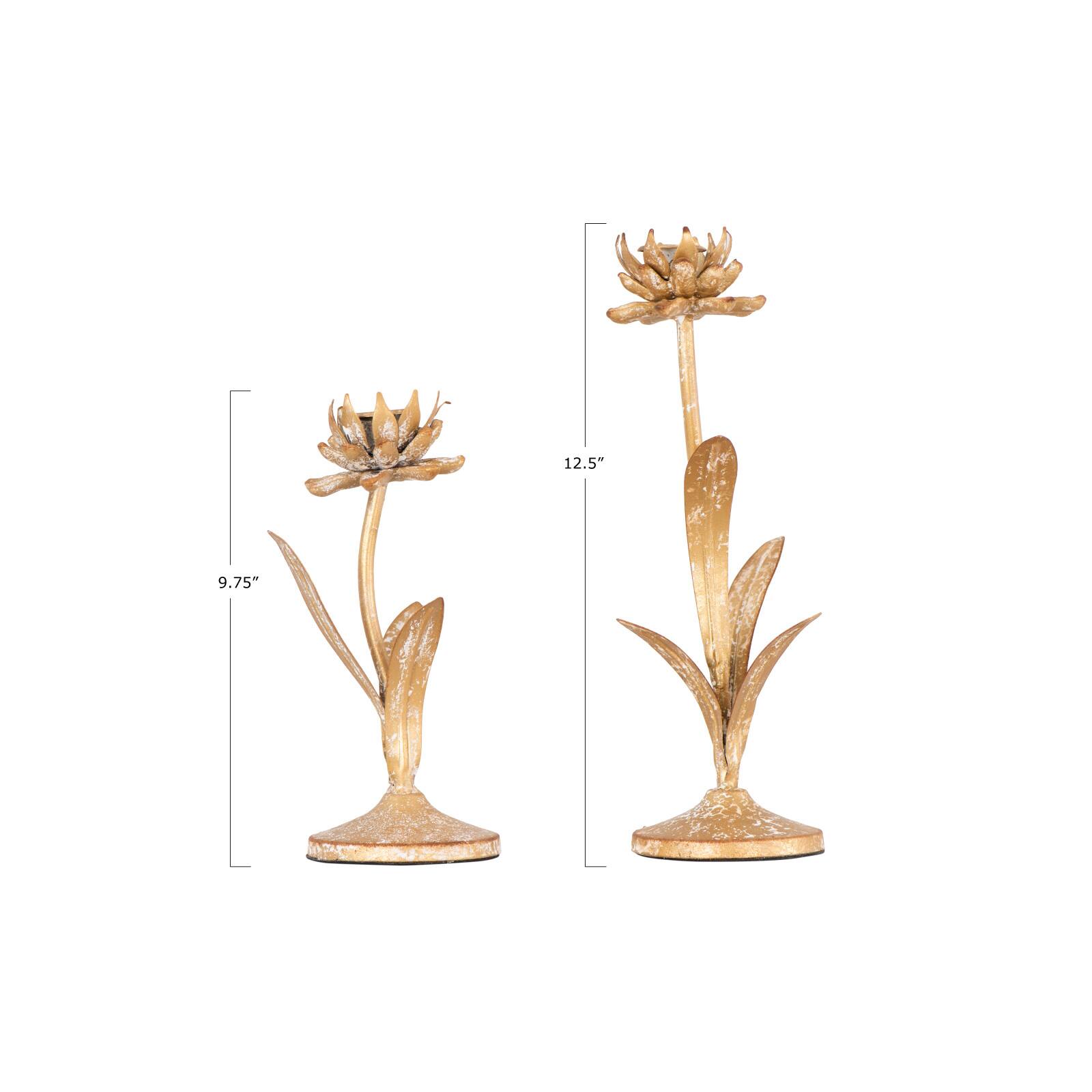 Gold Metal Flower Shaped Taper Candle Holder Set