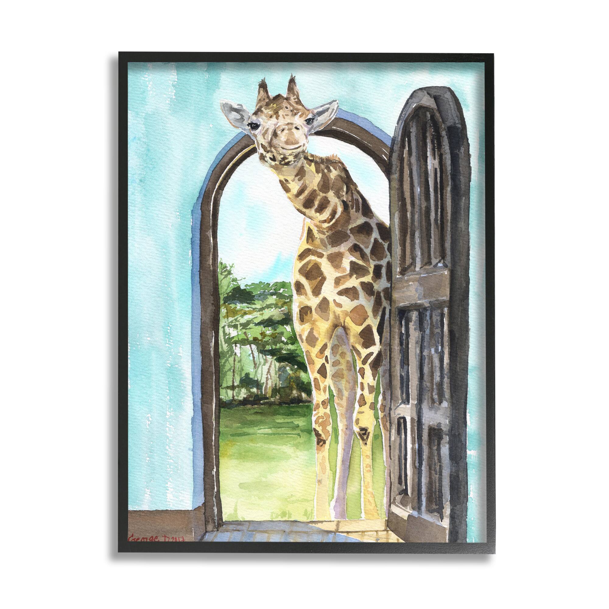 Stupell Industries Giraffe Through Doorway Wall Art in Black Frame