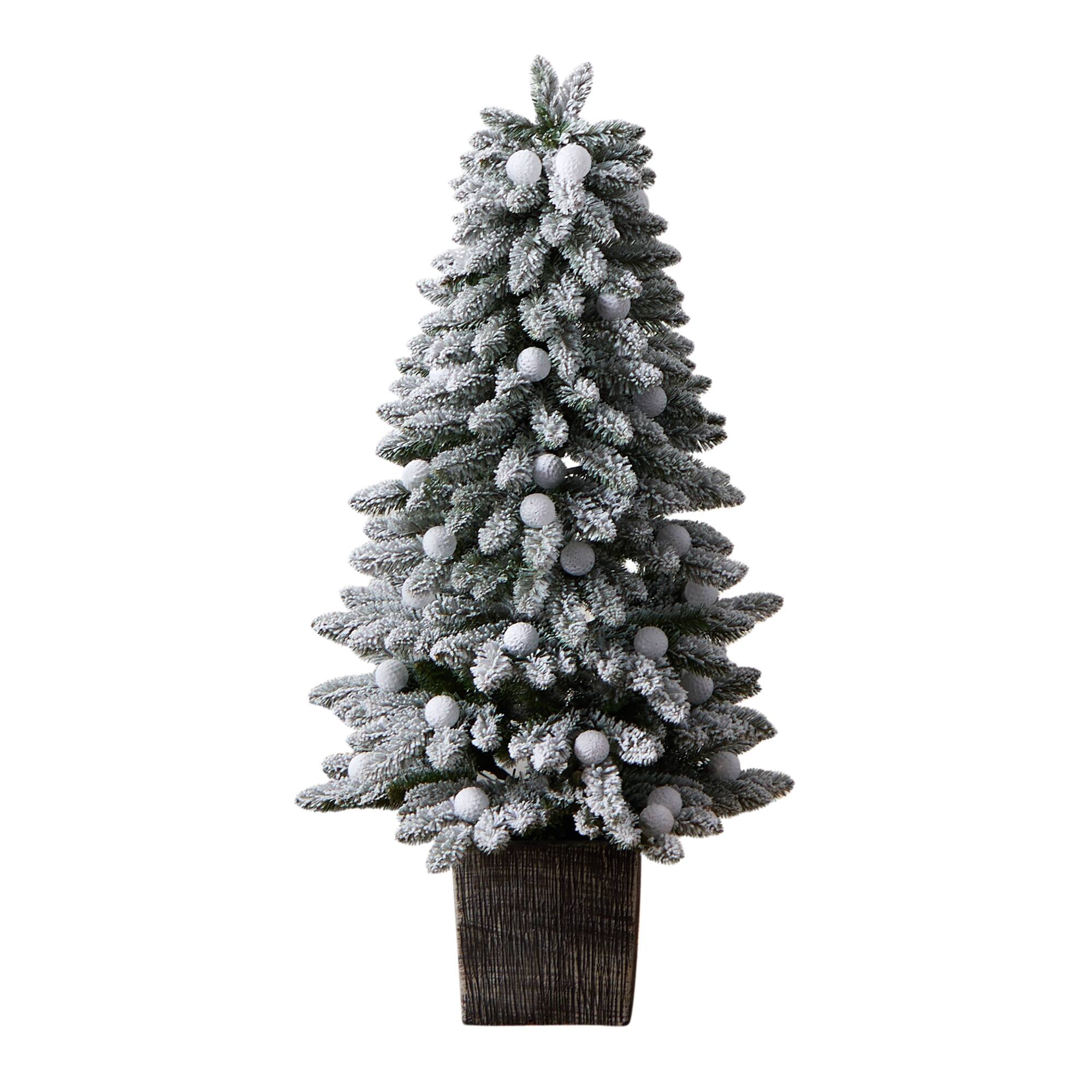 4ft. Pre-Lit Winter Flocked Artificial Christmas Tree in Decorative Planter, Multicolor LED Lights