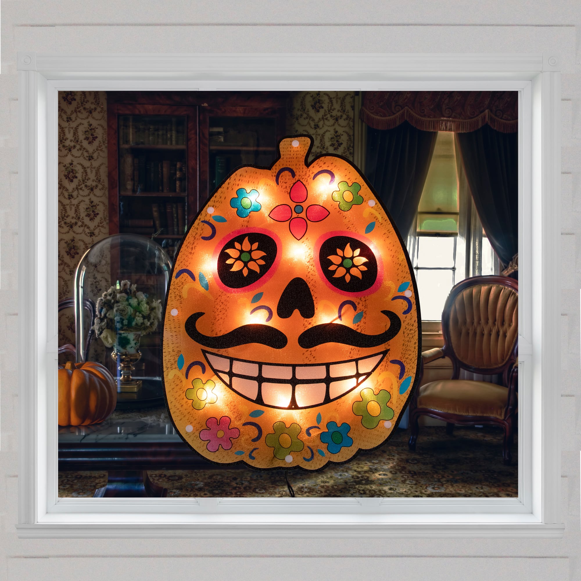 15&#x22; Lighted Sugar Skull Pumpkin Halloween Window Silhouette