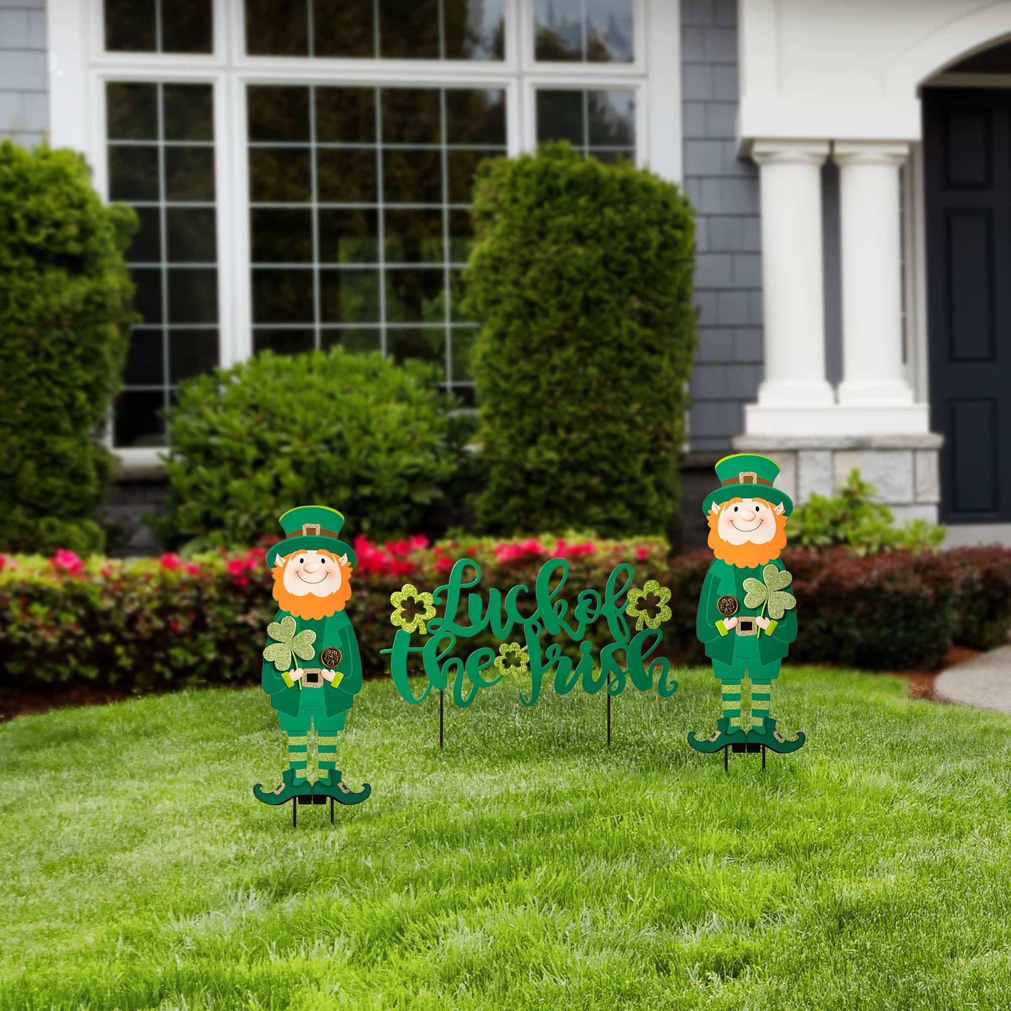 Glitzhome® 26" St. Patrick's Metal Leprechaun & Luck of the Irish Yard Stake Set