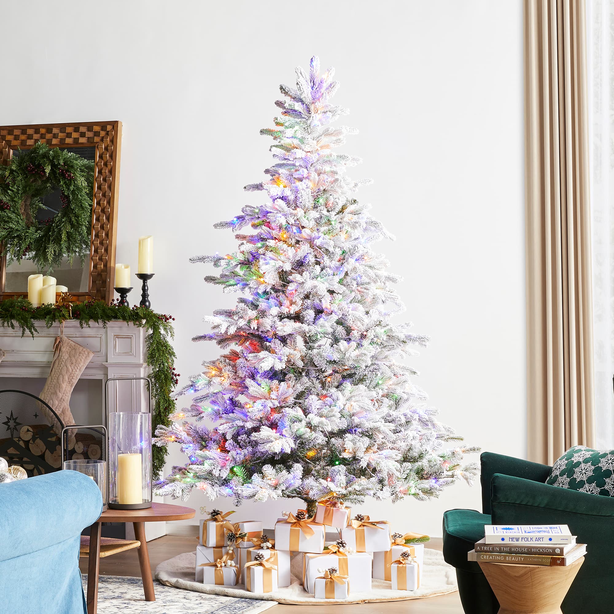 Glitzhome&#xAE; 7.5ft Pre-Lit Flocked Full Fir Artificial Christmas Tree, Multicolor LED Lights