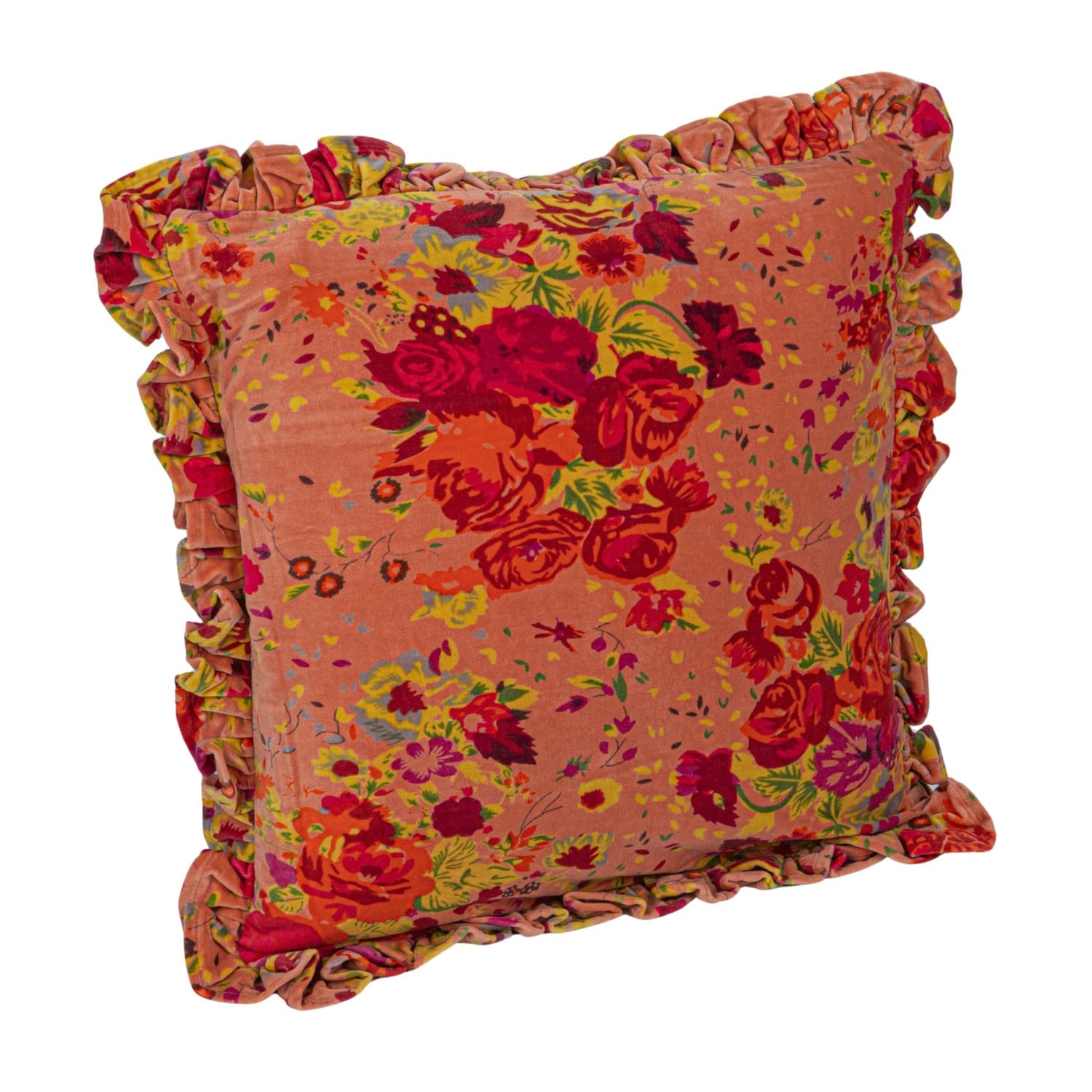 Hello Honey® Red Floral Printed Chambray Back & Ruffle Cotton Velvet Pillow