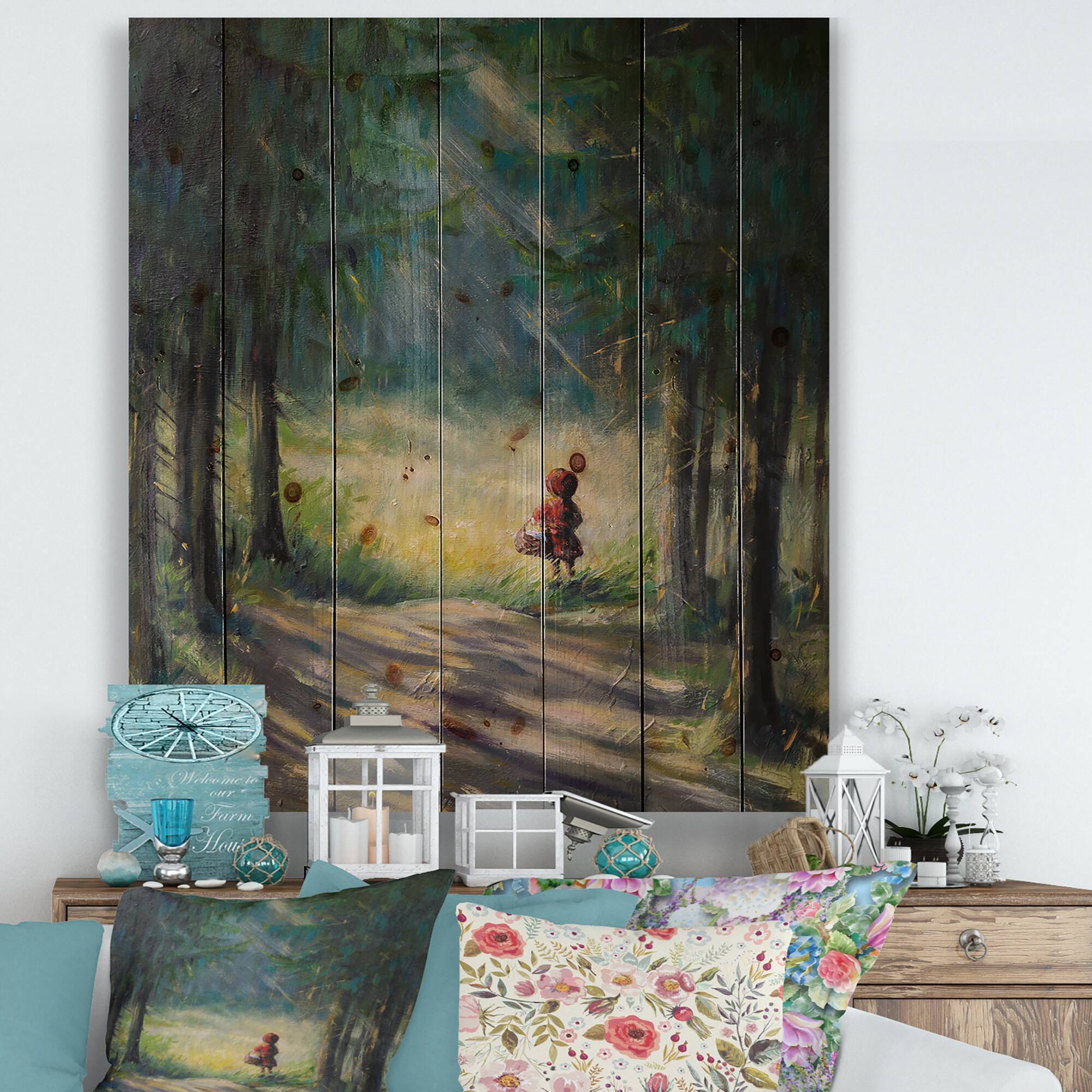 Designart - Little Red Riding Hood In The Woods - Traditional Print on Natural Pine Wood