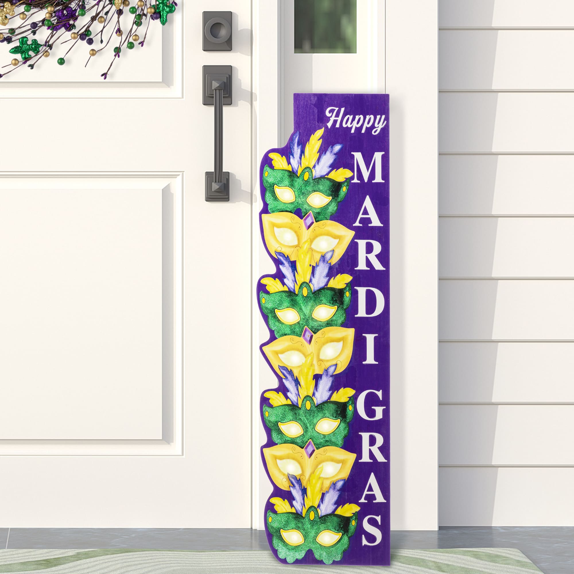 Glitzhome® 41.75" Mardi Gras Wooden Lighted Stacked Masks Porch Decor with Timer