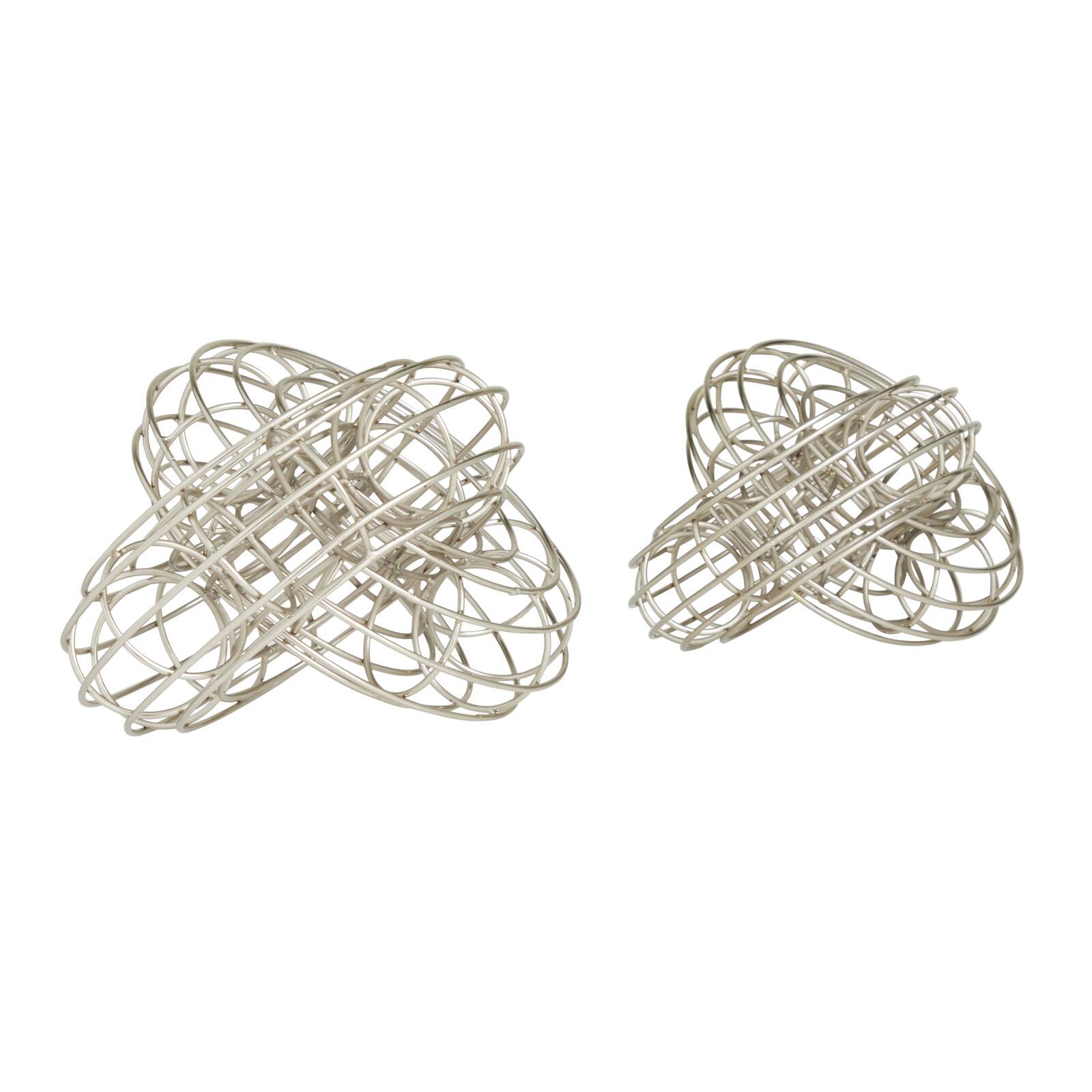 Set of 2 Silver Metal Contemporary Sculptures, 7" x 7" x 9"