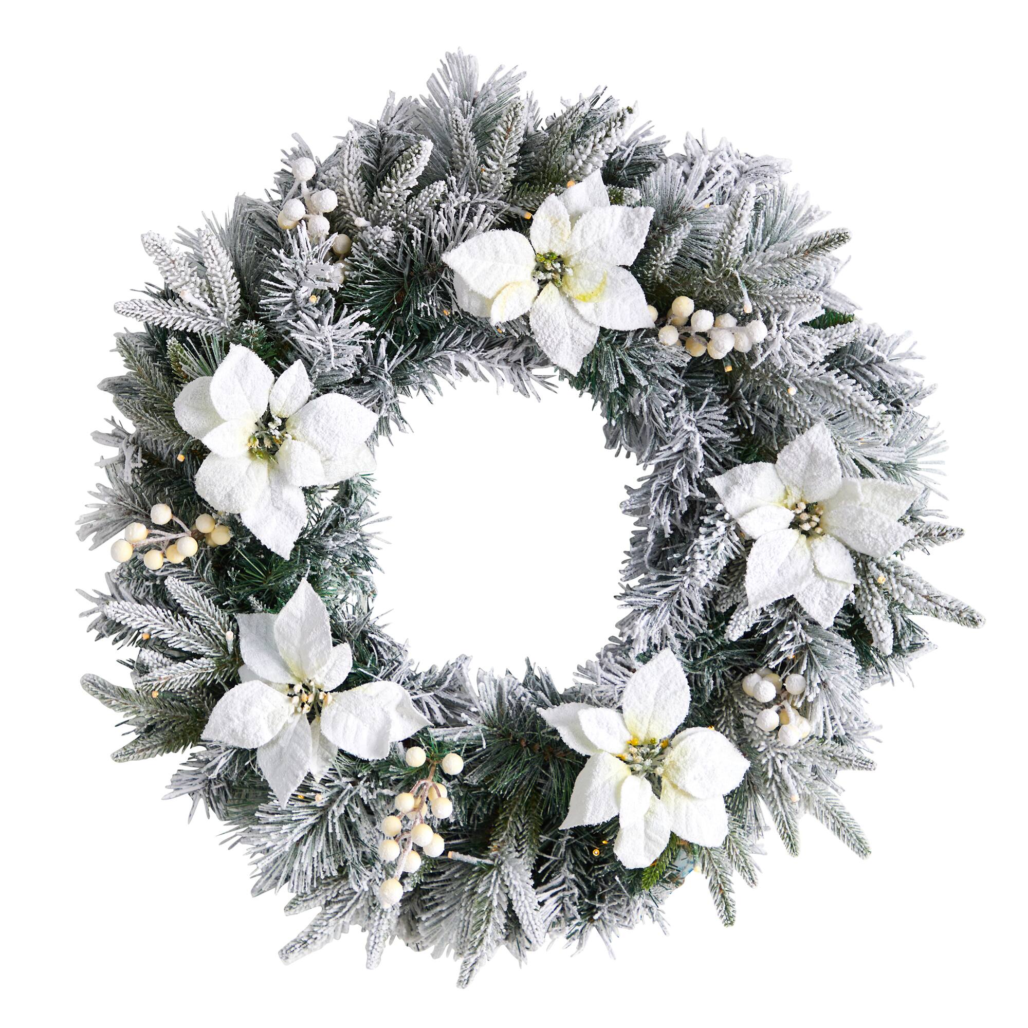 24" White LED Lights Flocked Poinsettia & Pine Artificial Christmas Wreath