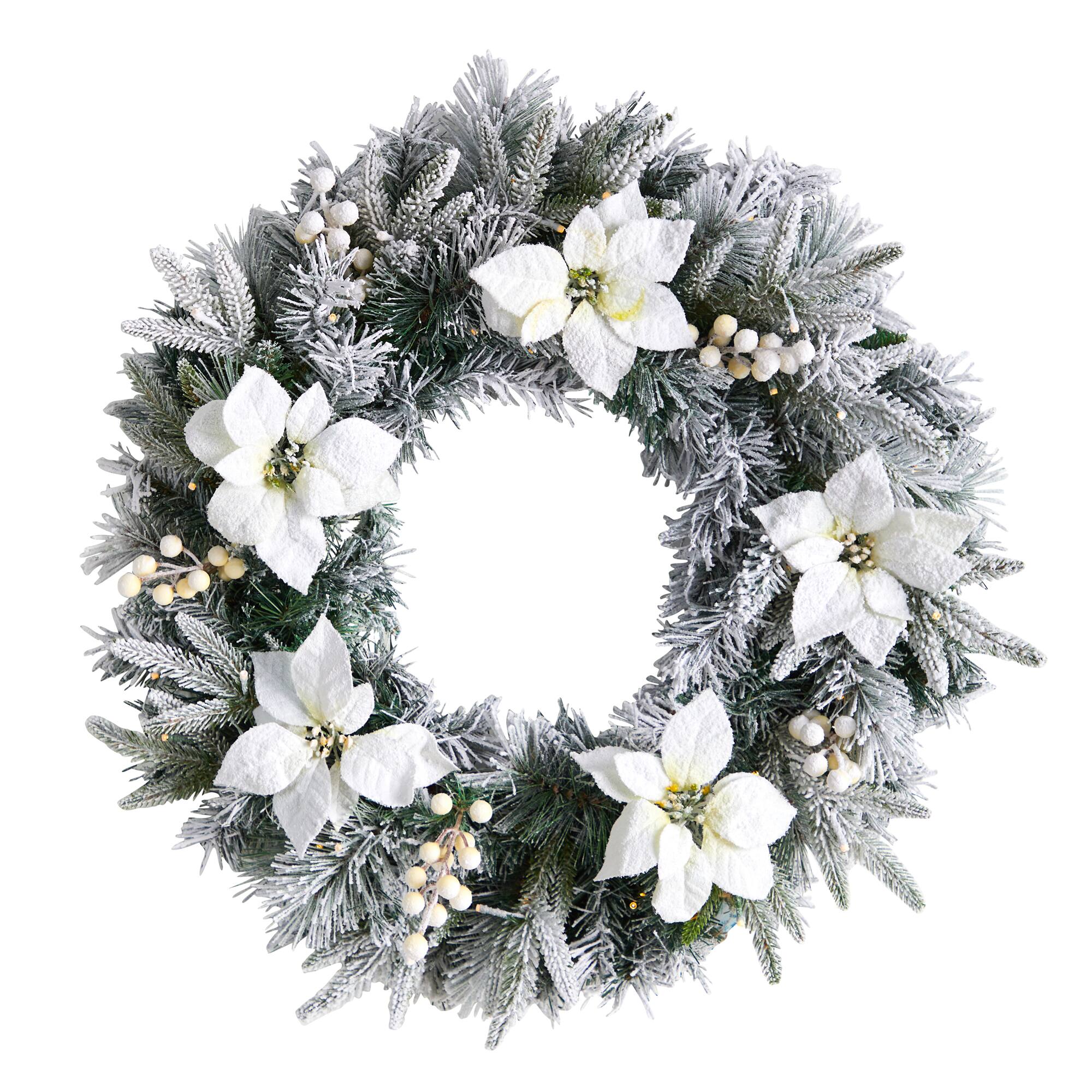 24&#x22; White LED Lights Flocked Poinsettia &#x26; Pine Artificial Christmas Wreath