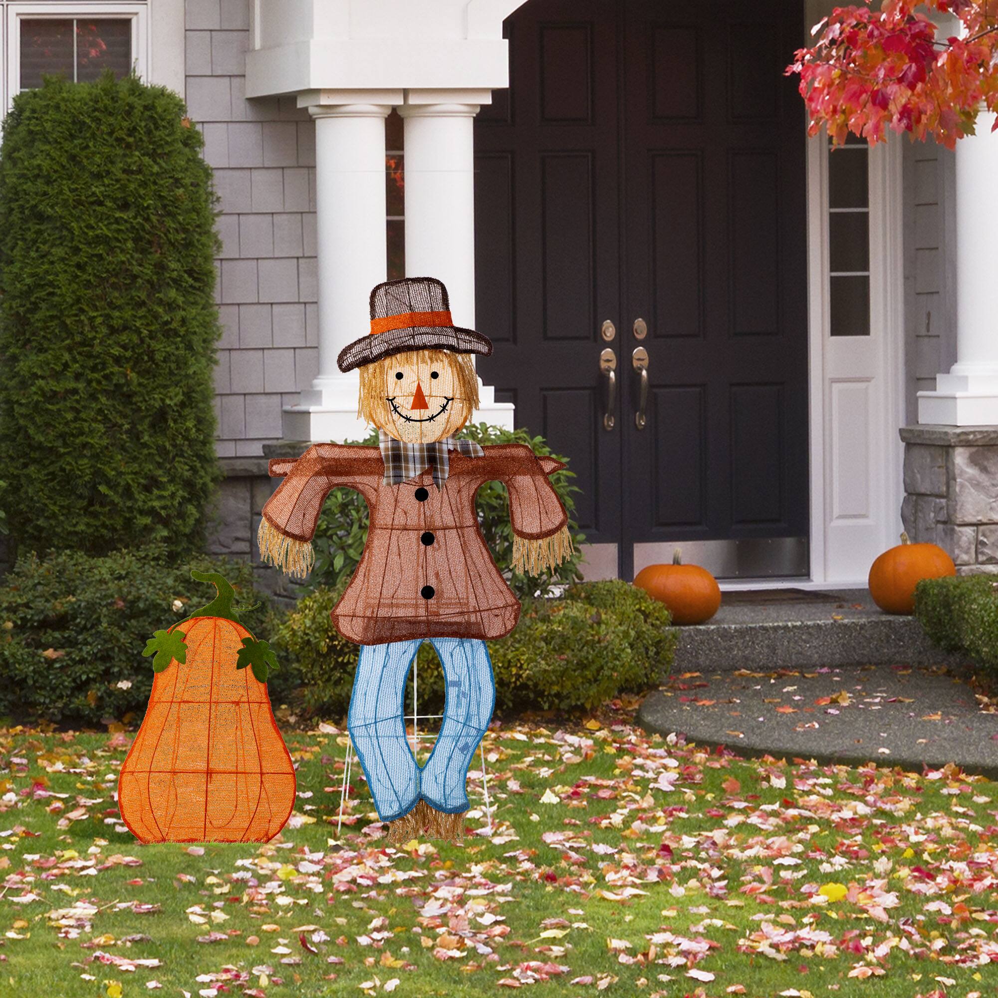 Glitzhome&#xAE; Lighted Fall Scarecrow &#x26; Pumpkin Outdoor Decor with Warm White LED Lights Set