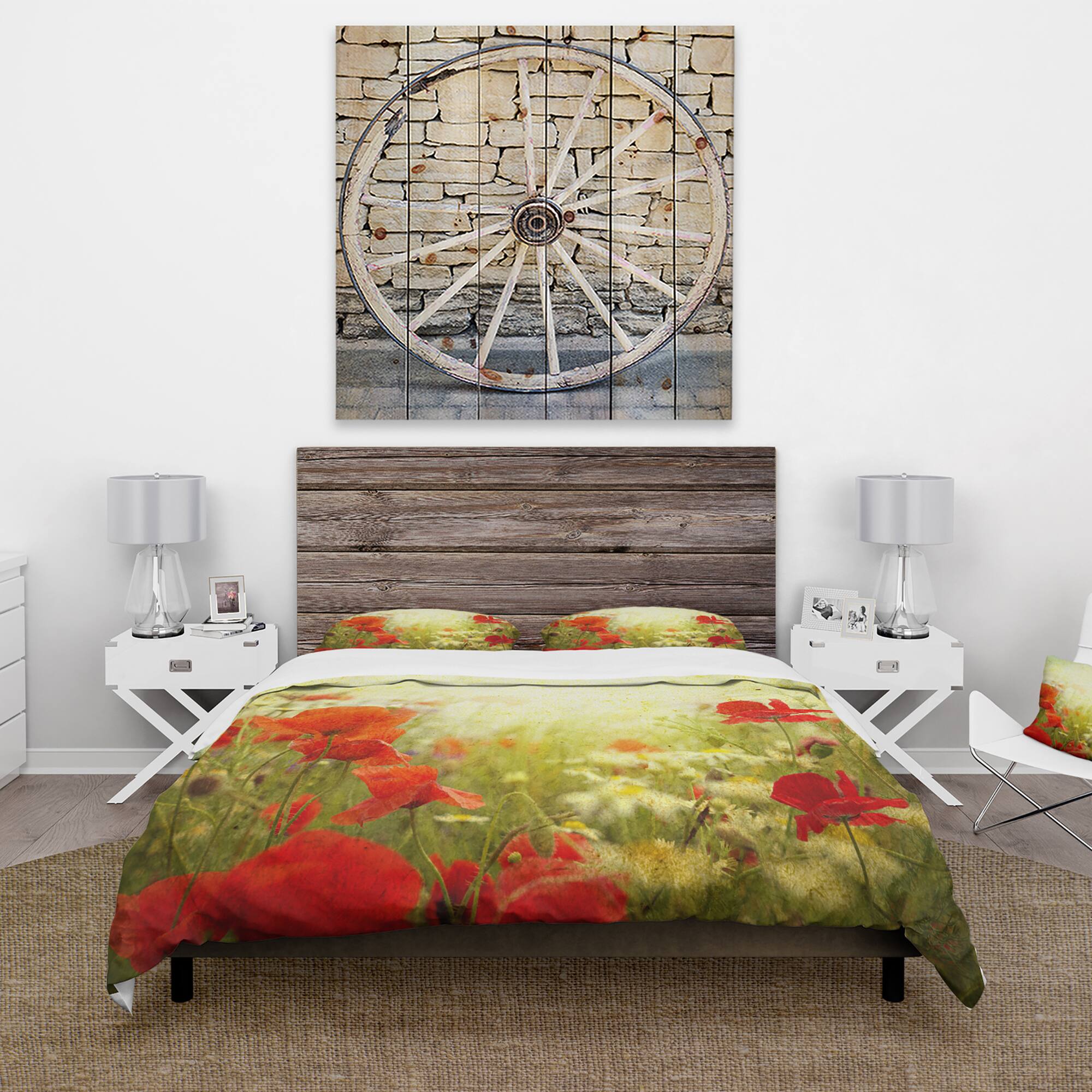 Designart &#x27;Grunge Background with Red Poppies&#x27; Country Bedding Set - Duvet Cover &#x26; Shams