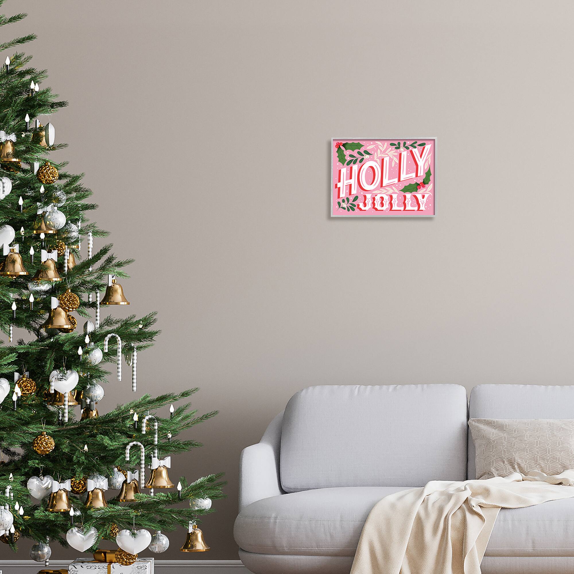 Stupell Industries Bold Pink Holly Jolly Phrase Framed Giclee Art
