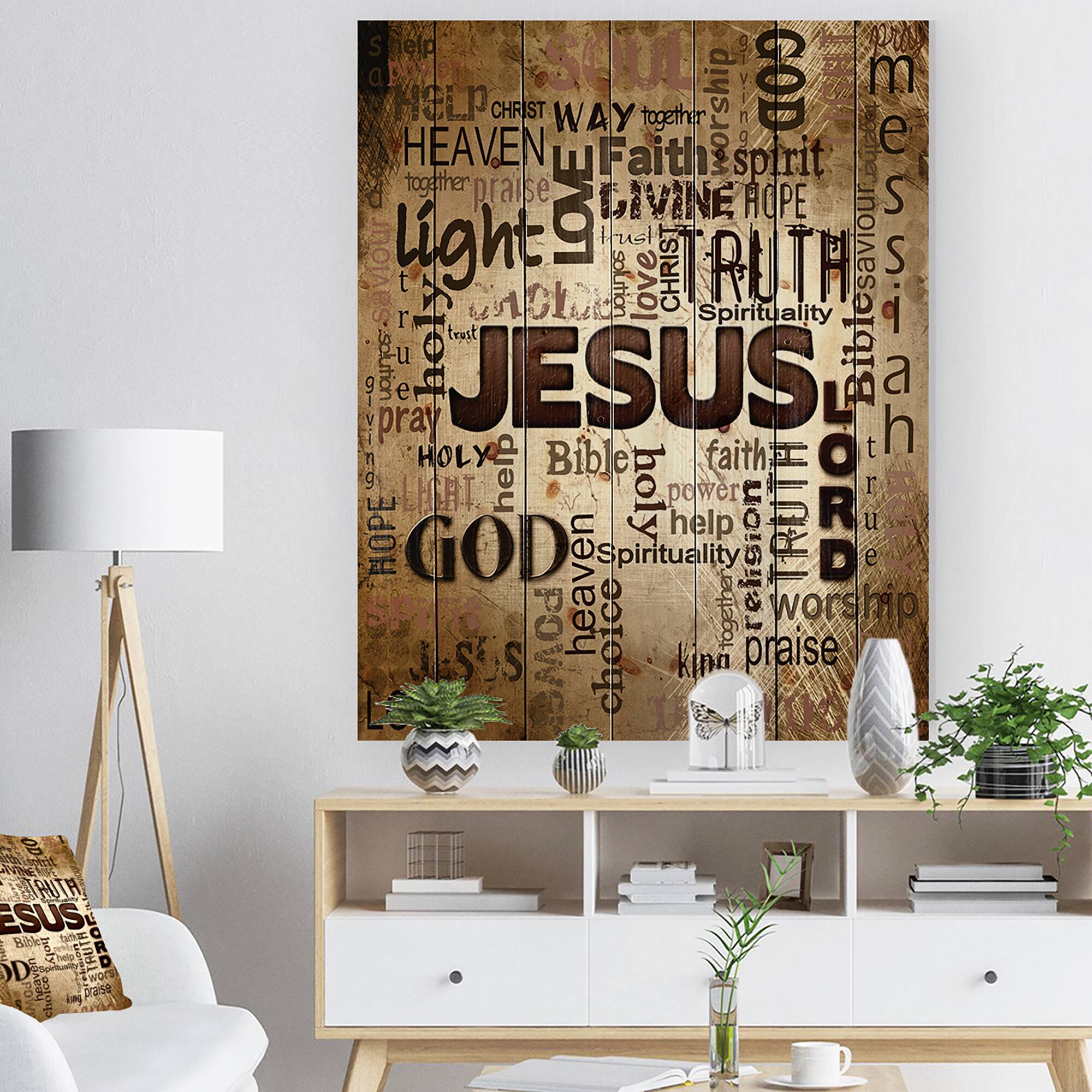 Designart - Jesus&#x27; word cloud in grunge background - Religious Contemporary Print on Natural Pine Wood