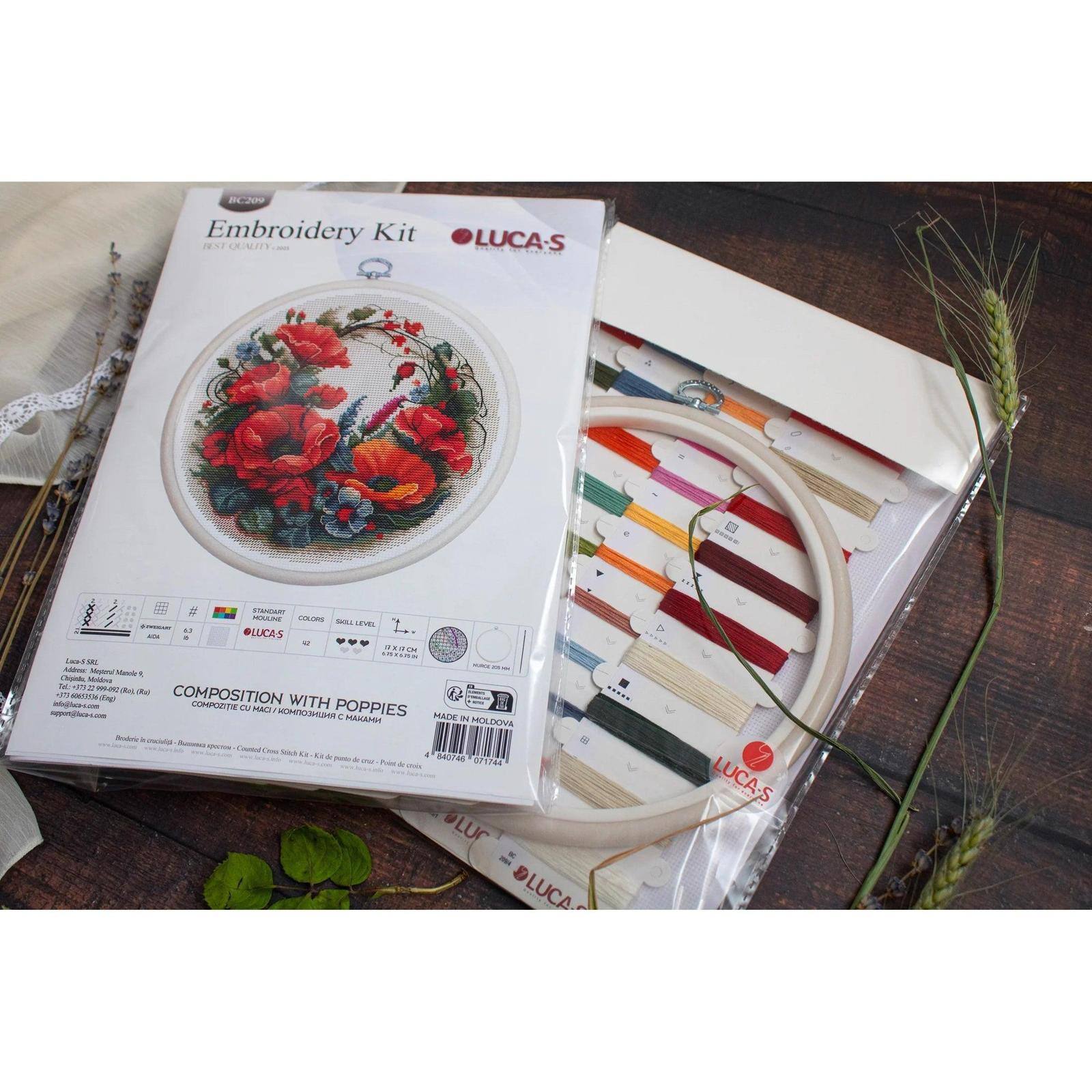 Luca-S Composition with Poppies Counted Cross Stitch Kit with Display Hoop