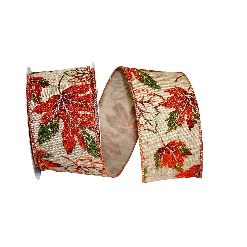 JAM Paper 2.5" x 10yd. Faux Linen Wired Glitter Leaves Ribbon