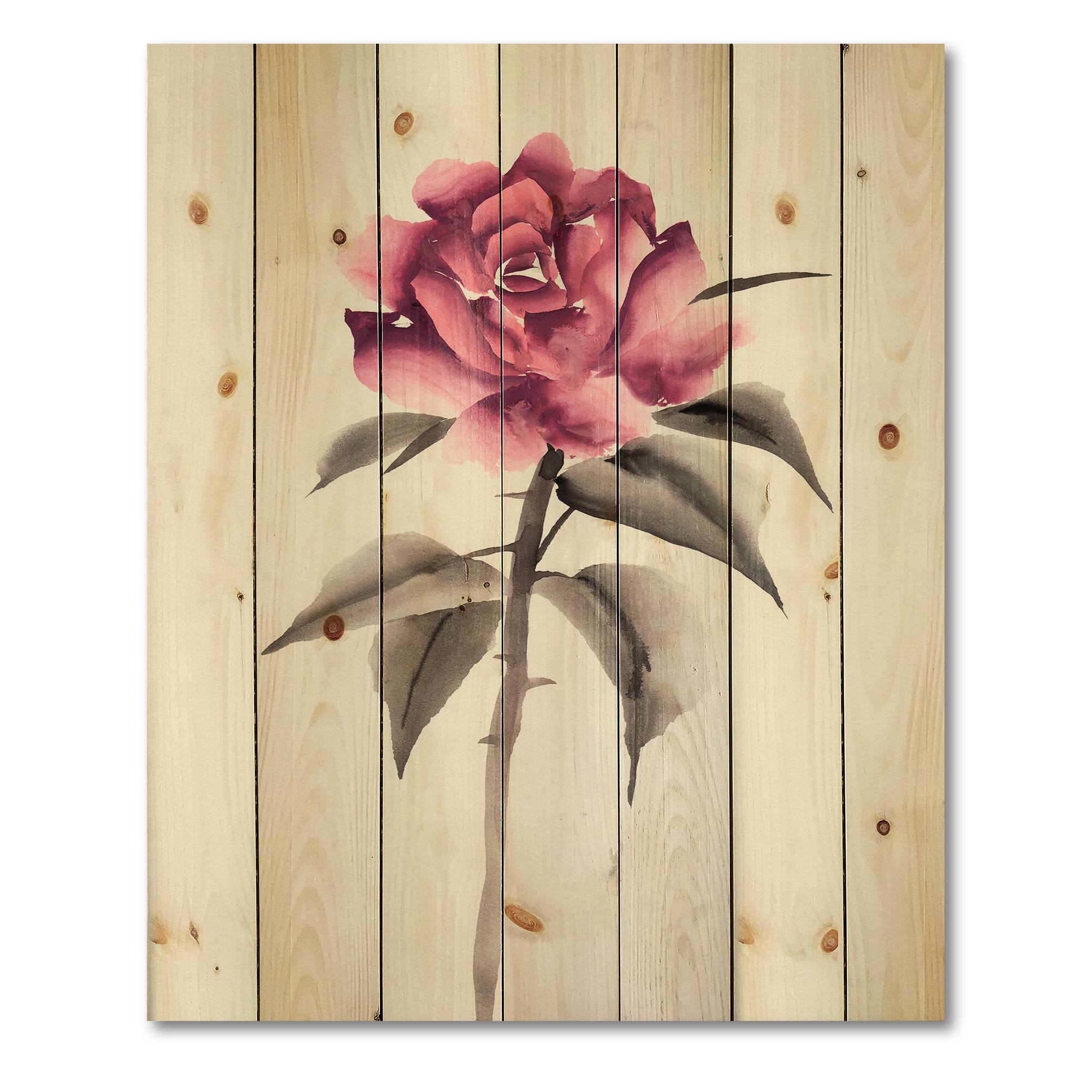 Designart - Vintage Pink Rose Flower - Traditional Print on Natural Pine Wood