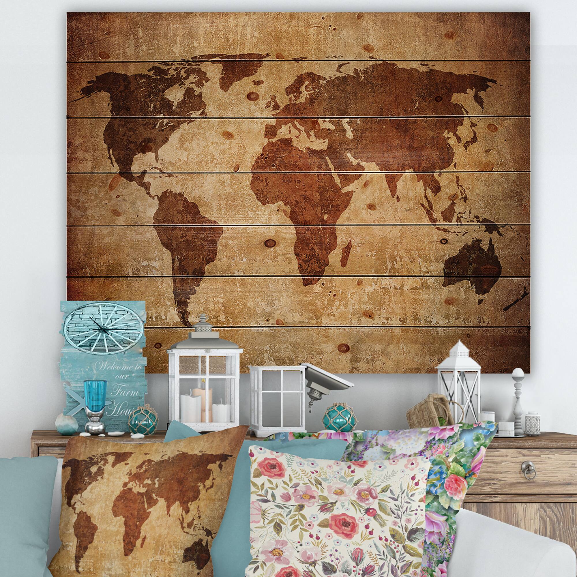 Designart - Ancient Map of The World XI - Vintage Print on Natural Pine Wood