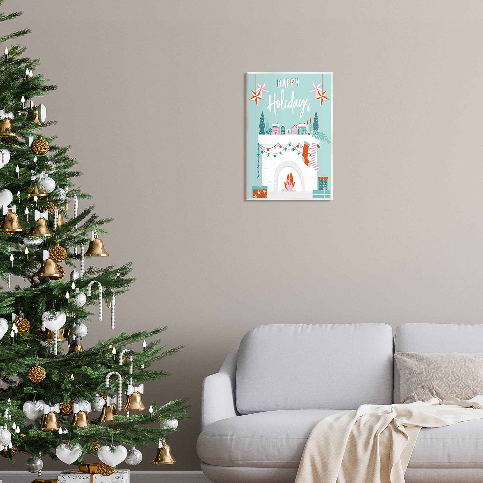 Stupell Industries Happy Holidays Festive Mantel Stockings Wall Plaque Art