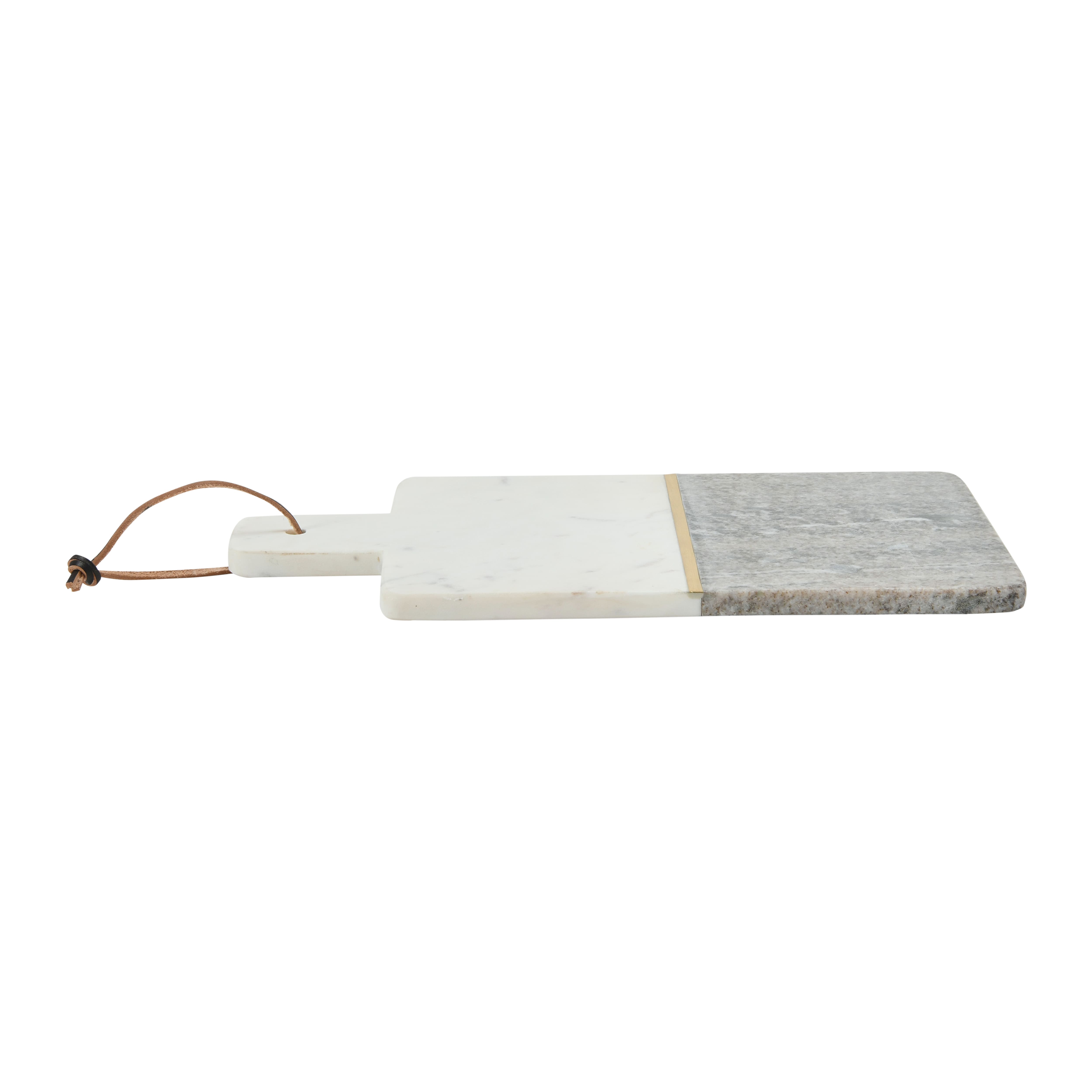 15&#x22; Gray and White Boho 2-Tone Marble Charcuterie or Cutting Board with Brass Inlay and Leather Tie